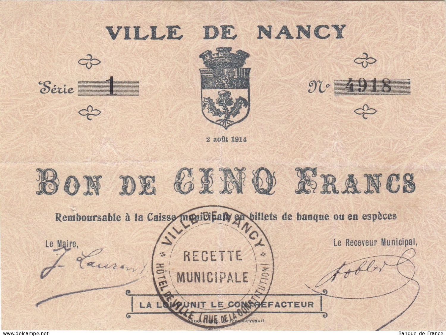 Ville De NANCY Bon De 5 F Du 2 Août 1914 Série 1 - JP.54-083 - Assez RARE - Bons & Nécessité