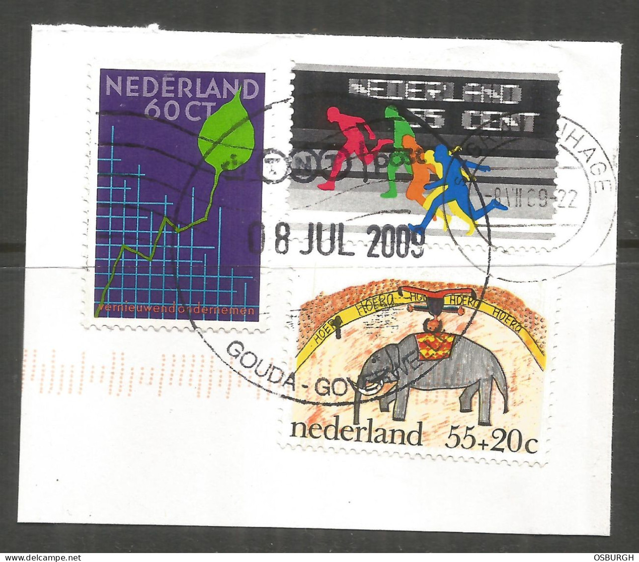 NETHERLANDS. 2009. STAMPS USED ON PIECE. GOUDA POSTMARK. ELEPHANT. - Usati