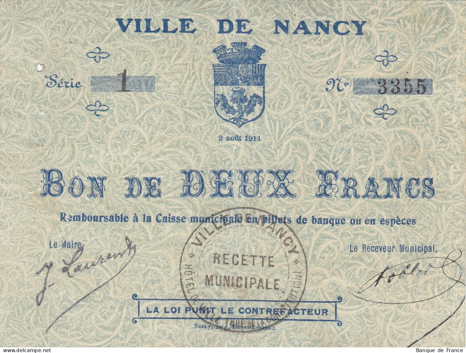 Ville De NANCY Bon De 2 F Du 2 Août 1914 Série 1 - JP.54-082 - Bons & Nécessité