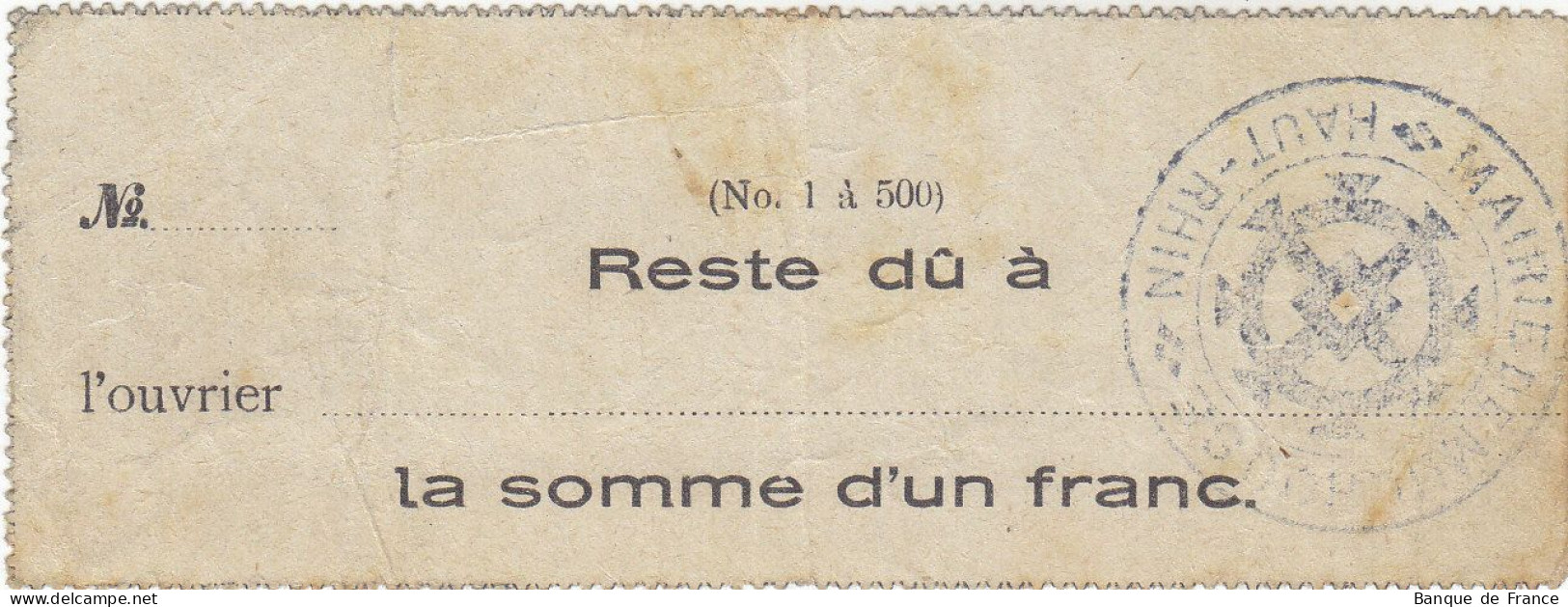 Mairie De Mulhouse Reste Dû à 1 F - JP.68-291 - RARE - Bonds & Basic Needs