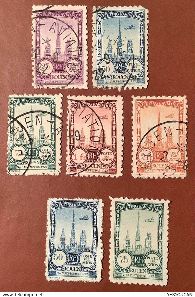 Rouen 1922 SERIE Meeting D‘ Aviation POSTE PAR AVION Rare Oblitéré (France Semi-officiel  Air Post Stamps Cathedrale - 1927-1959 Storia Postale