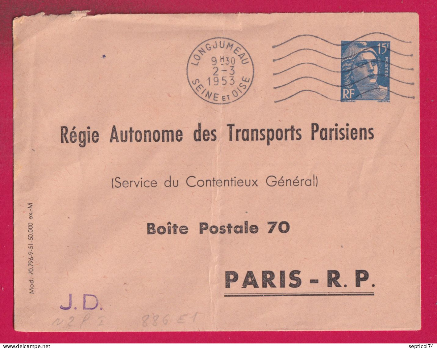 ENTIER 15F BLEU GANDON TSC RATP DEPART LONGJUMEAU 1953 POUR PARIS LETTRE - Enveloppes Types Et TSC (avant 1995)