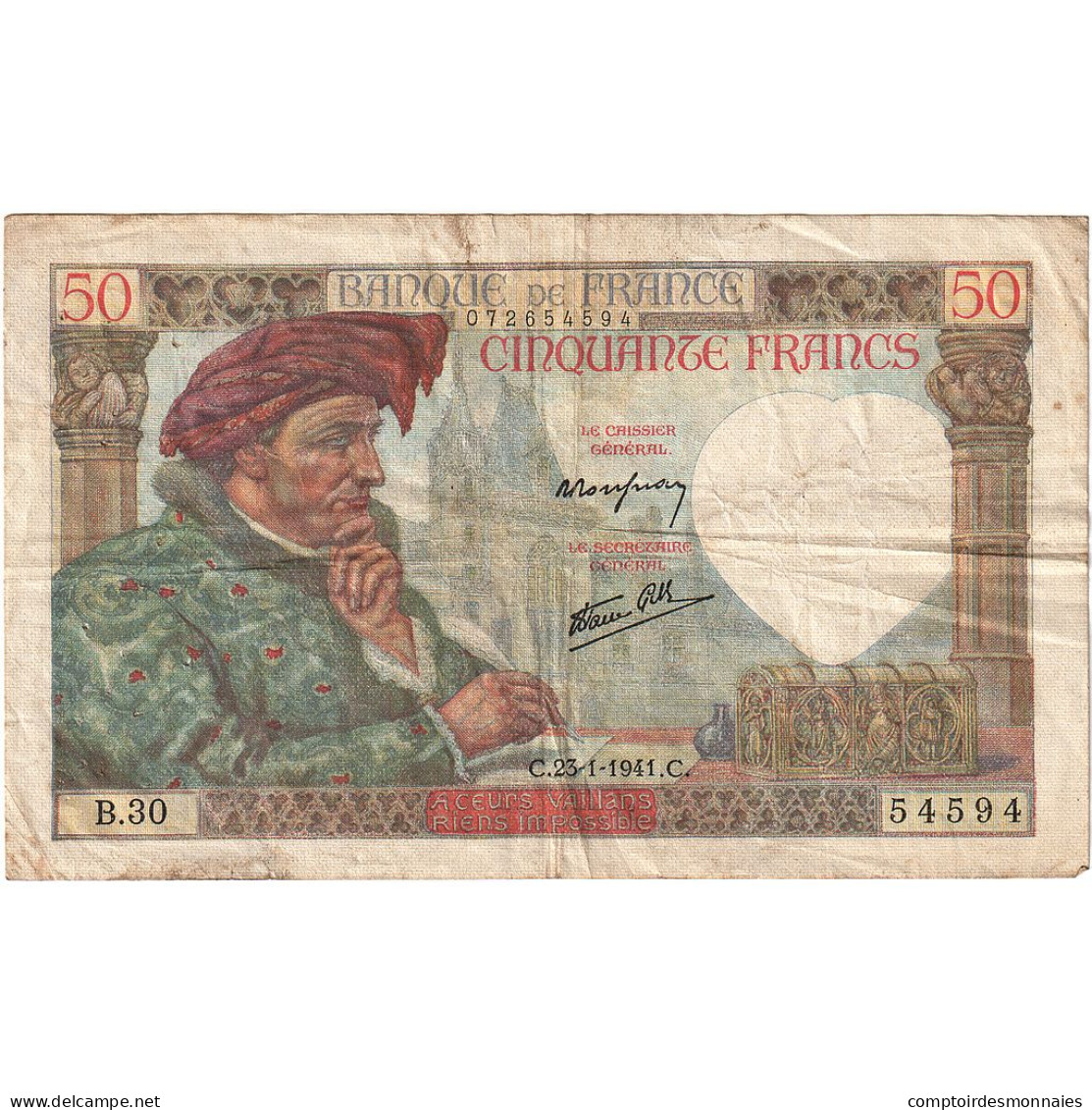 France, 50 Francs, Jacques Coeur, 1941, B.30, TB, Fayette:19.5, KM:93 - 50 F 1940-1942 ''Jacques Coeur''