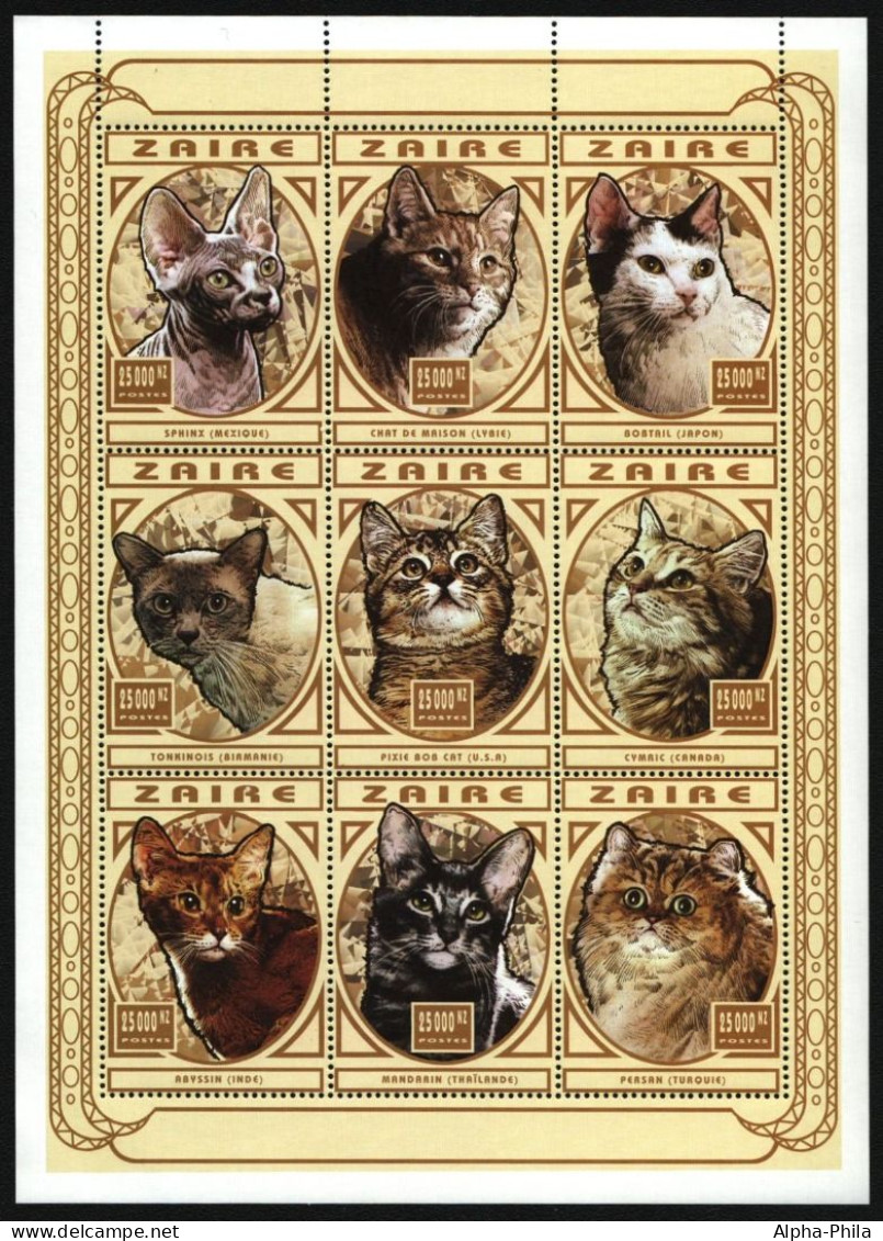 Kongo-Zaire 1997 - Mi-Nr. 1304-1312 B ** - MNH - Gelb - Katzen / Cats - Ongebruikt