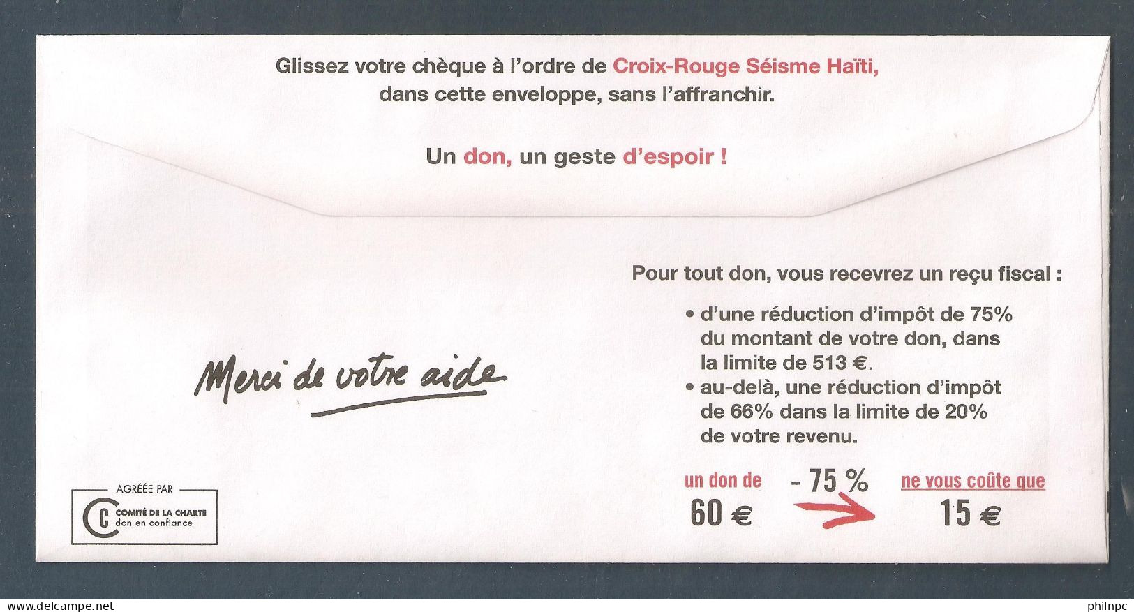 France, Prêt à Poster Réponse, Enveloppe T, Crtoix-Rouge Française, Séisme HAÏTI - PAP : Risposta