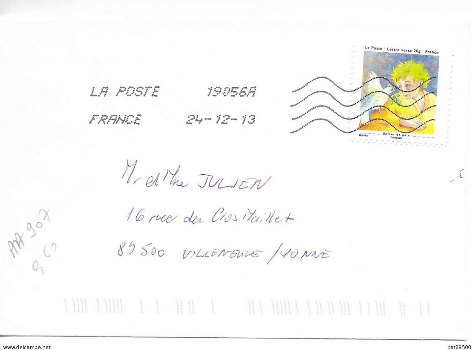 France 2013 - AA 907 - OBLITERE S/enveloppe 12/2013 /Les Petits Bonheyrs : Enfant De Paix - Briefe U. Dokumente