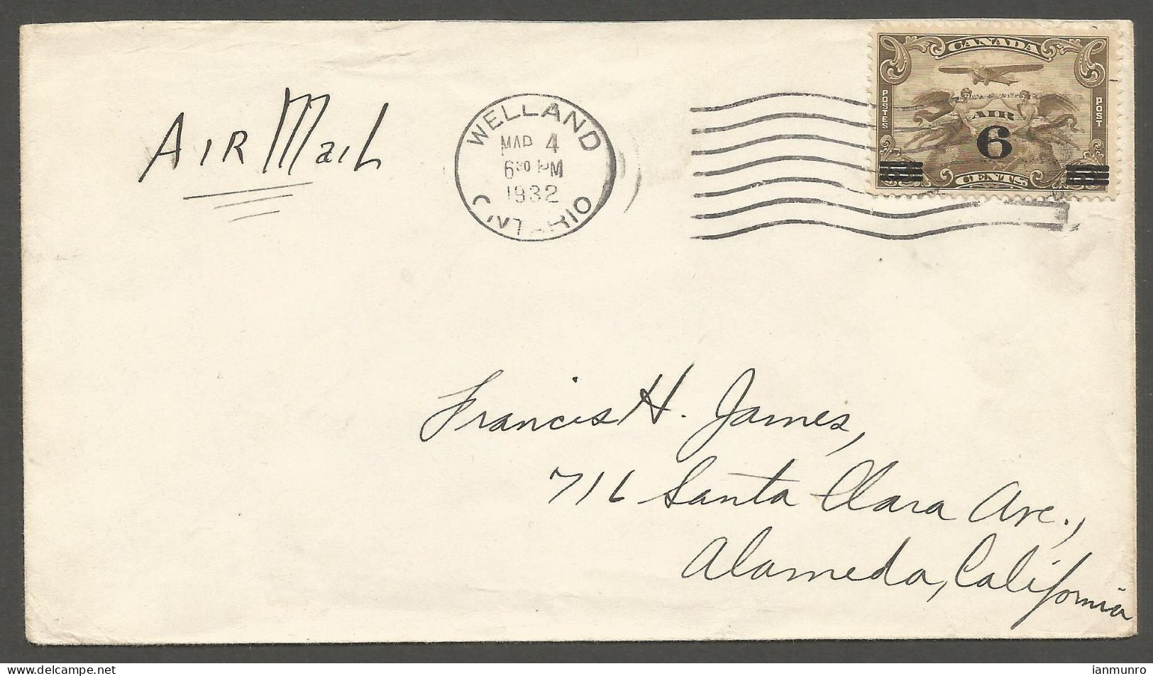 1932 Airmail Cover 6c Surcharged #C3 Welland Ontario To USA - Postal History