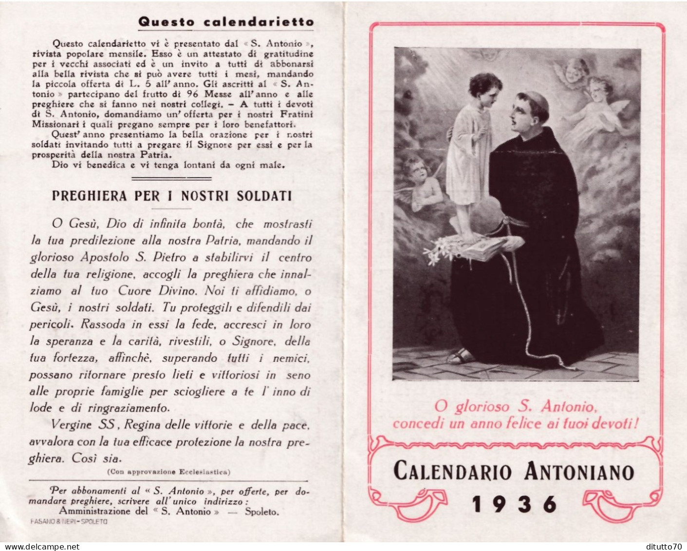 Calendarietto -o Glorioso S.antonio - Spoleto - Anno 1936 - Formato Piccolo : 1921-40