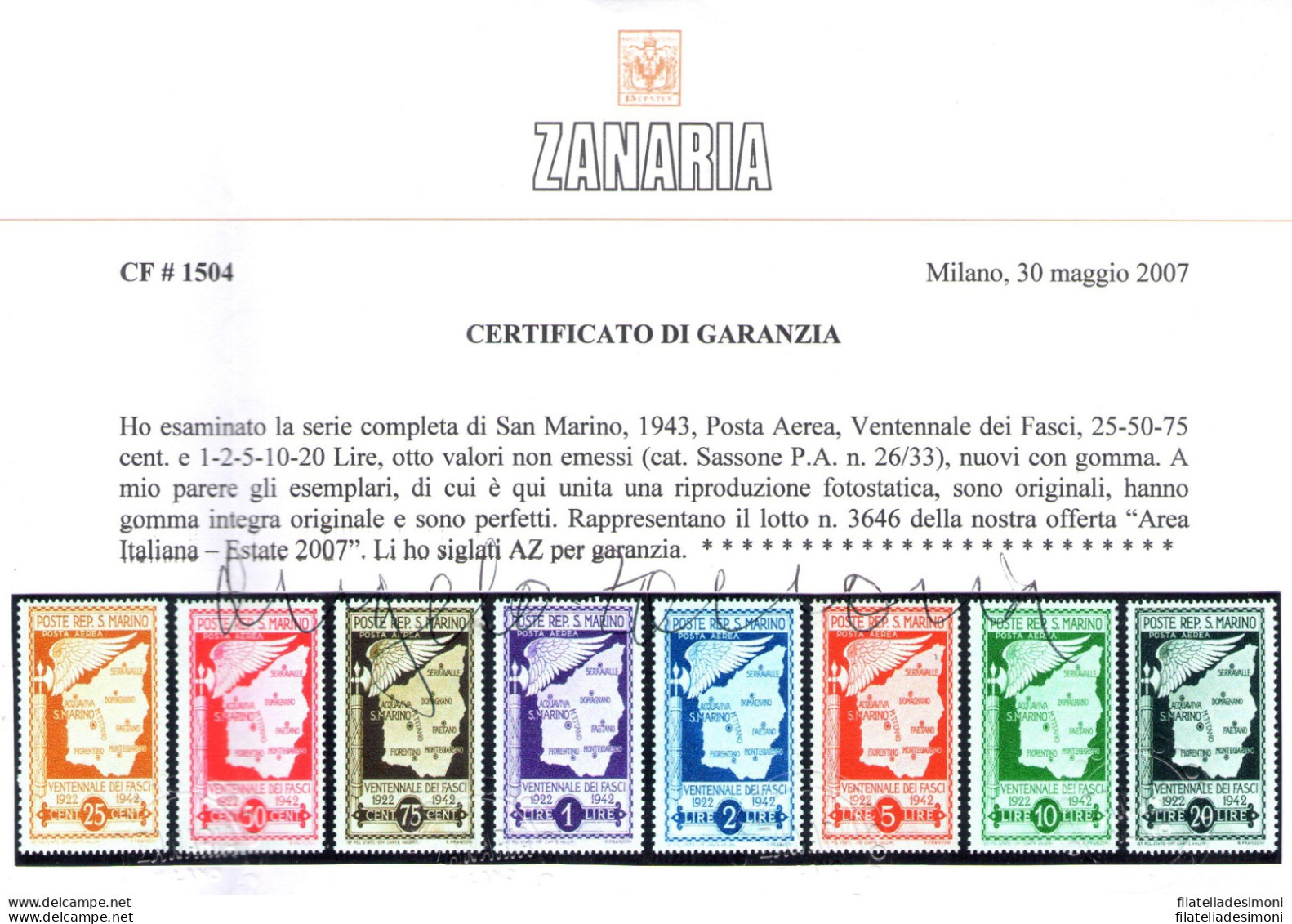 1943 SAN MARINO, Posta Aerea , "Ventennale dei Fasci Sammarinesi" - Non Emessi ,