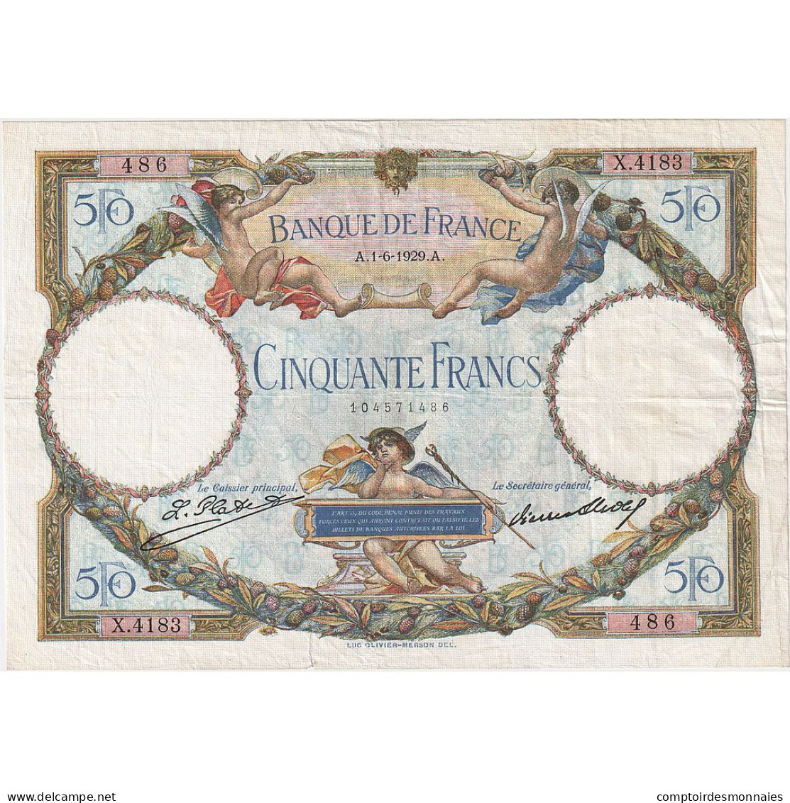 France, 50 Francs, Luc Olivier Merson, 1929, X.4183, TTB, Fayette:15.3, KM:77a - 100 F 1908-1939 ''Luc Olivier Merson''
