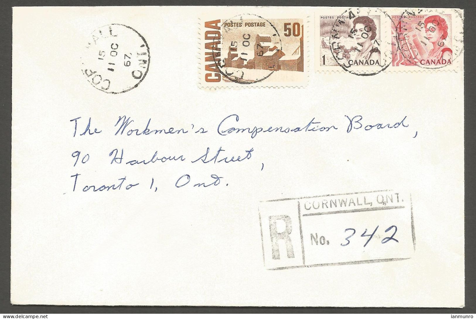 1967 Registered Cover 55c Centennials CDS Cornwall Ont To Toronto Ontario - Postal History