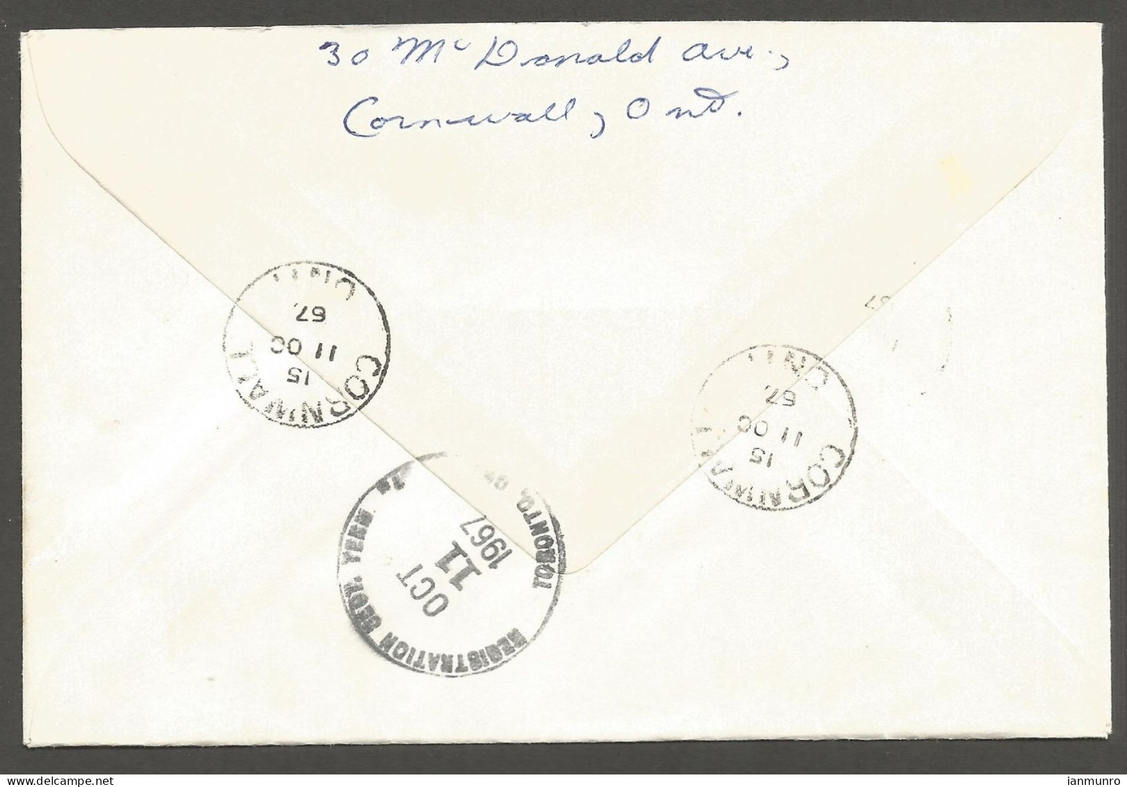 1967 Registered Cover 55c Centennials CDS Cornwall Ont To Toronto Ontario - Histoire Postale