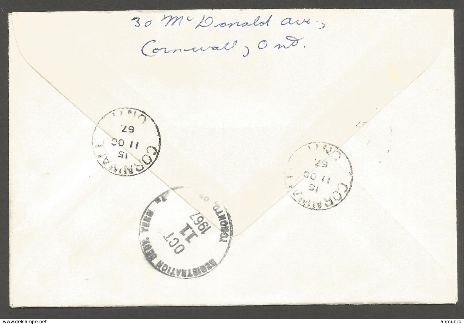 1967 Registered Cover 55c Centennials CDS Cornwall Ont To Toronto Ontario - Postal History