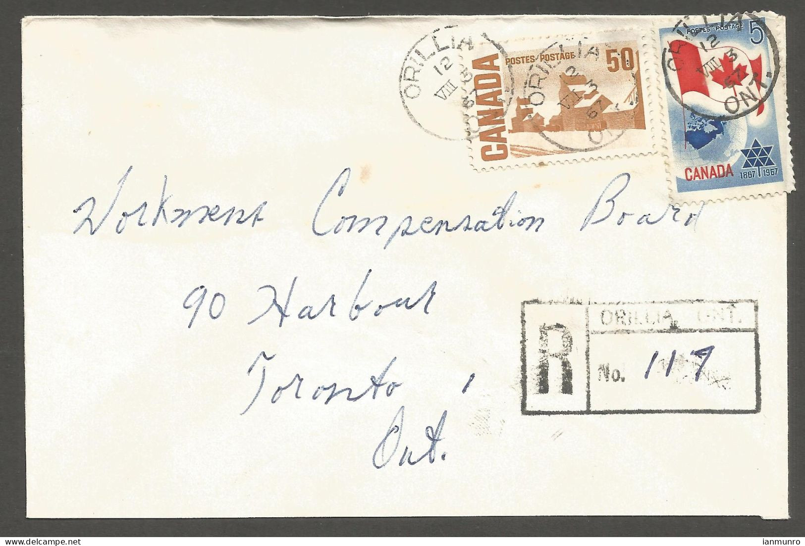 1967 Registered Cover 55c Centennial/Flag CDS Orillia Ont To Toronto Ontario - Histoire Postale