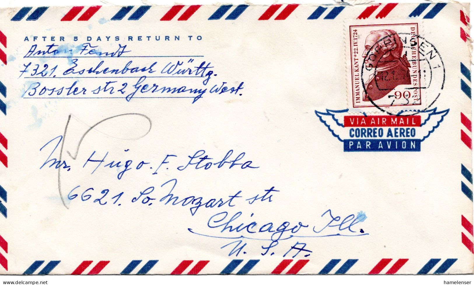 75165 - Bund - 1974 - 90Pfg Kant EF A LpBf GOEPPINGEN -> Chicago, IL (USA) - Briefe U. Dokumente