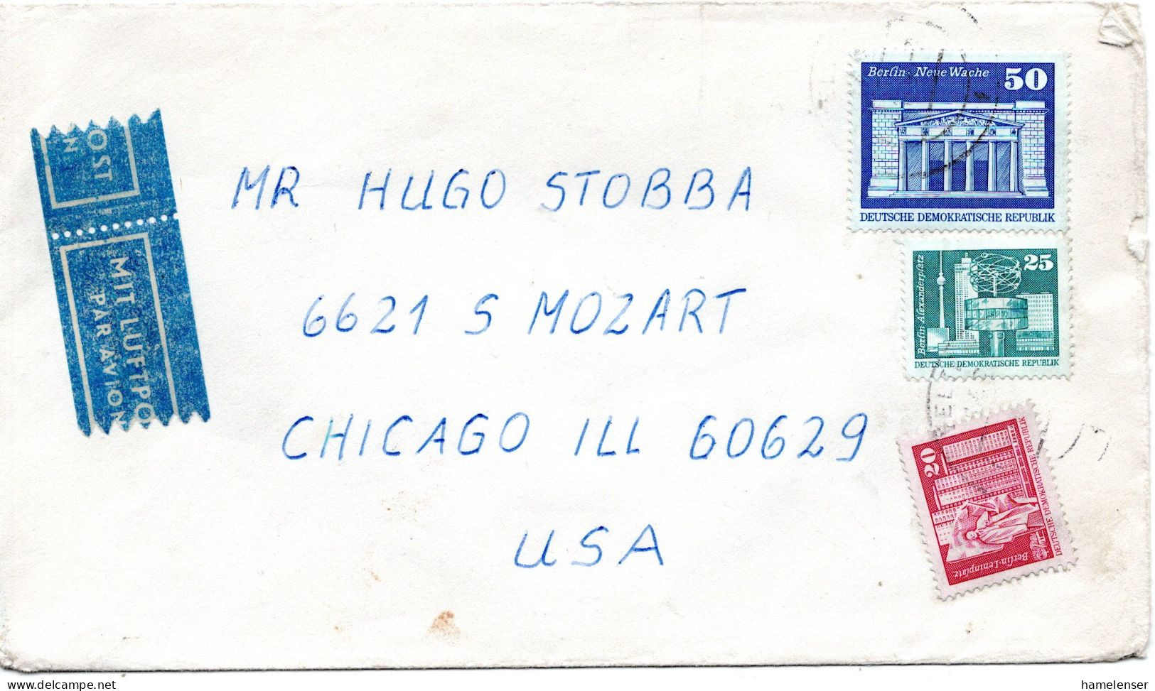 75166 - DDR - 1981 - 50Pfg Gr Bauten MiF A LpBf VELTEN -> Chicago, IL (USA) - Covers & Documents