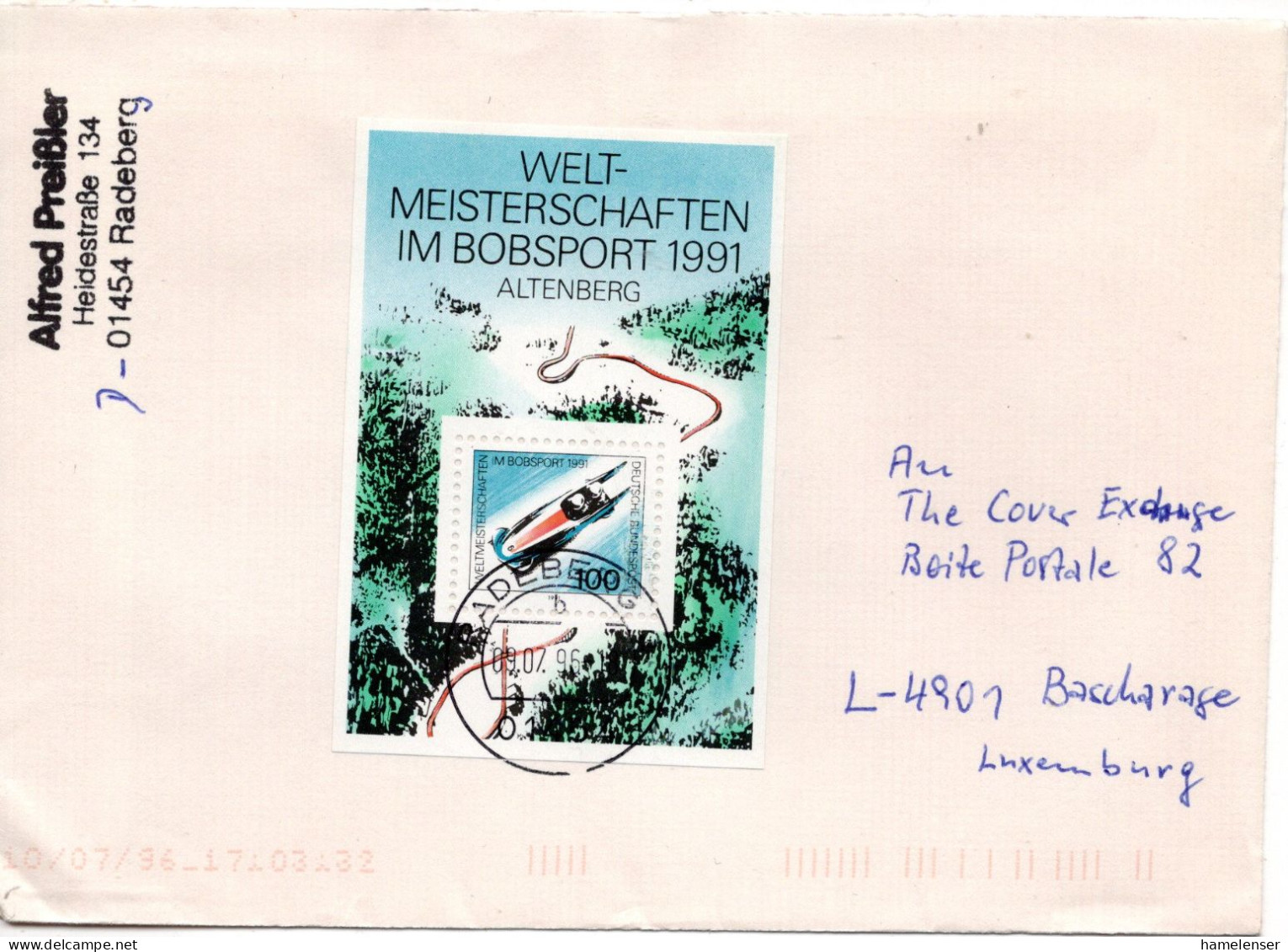 75168 - Bund - 1996 - 100Pfg Block Bob-WM '91 EF A Bf RADEBERG -> Luxemburg - Winter (Varia)