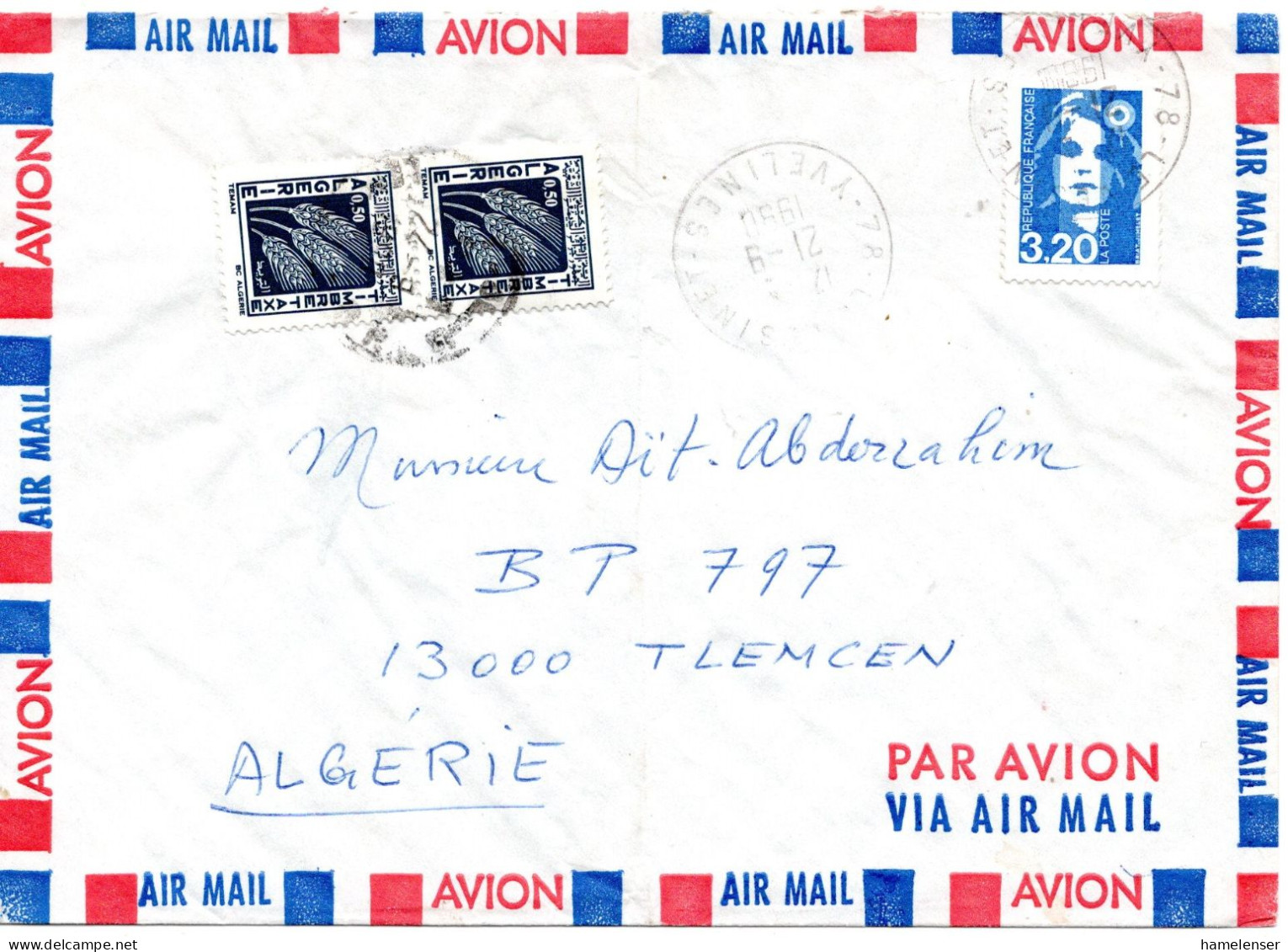 75171 - Frankreich - 1990 - 3,20F Briat EF A LpBf LE VESINET -> TLEMCEN (Algerien), M 2@0,50Dh Porto - Algeria (1962-...)