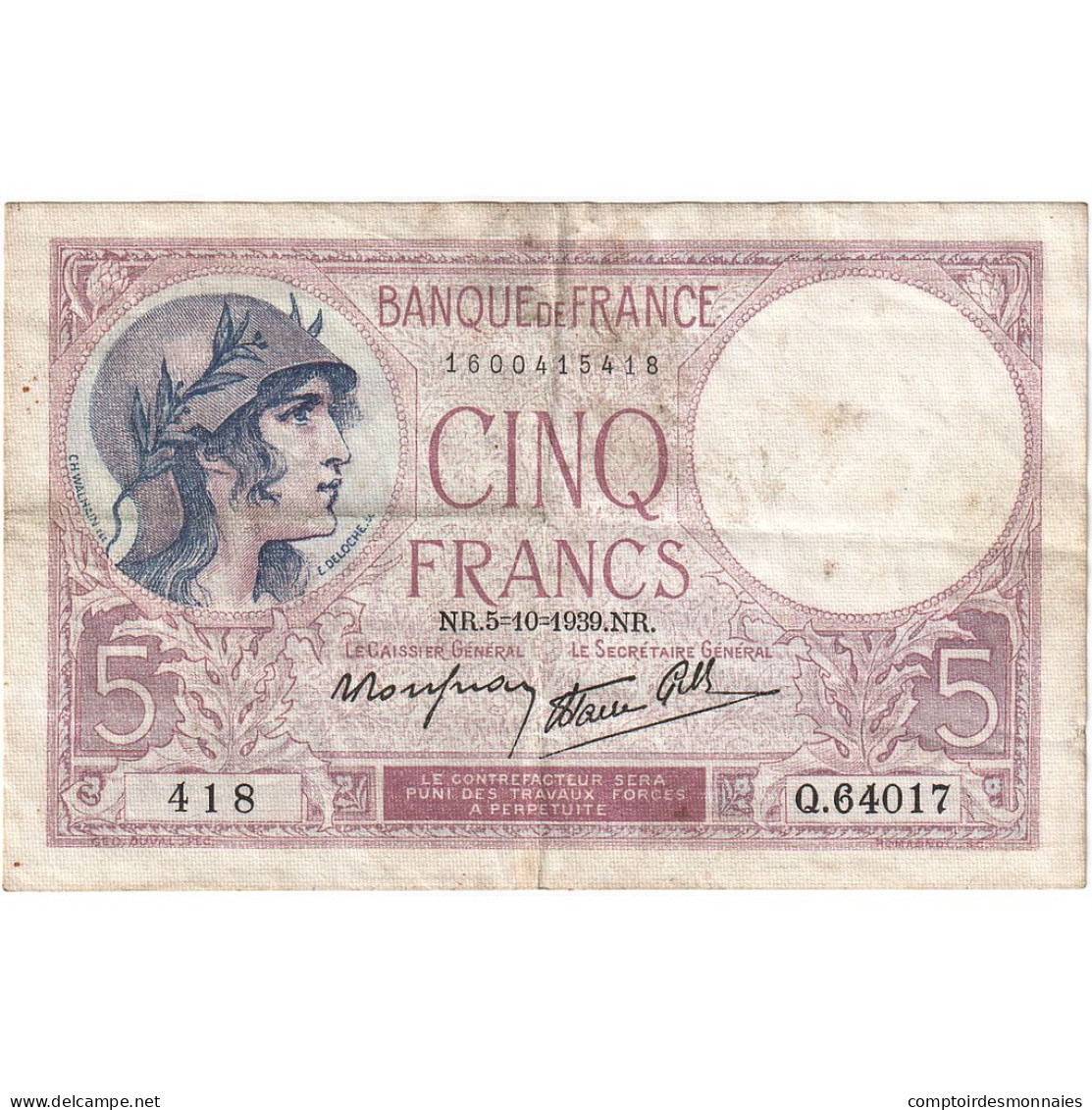 France, 5 Francs, Violet, 1939, Q.64017, TB+, Fayette:4.11, KM:83 - 5 F 1917-1940 ''Violet''