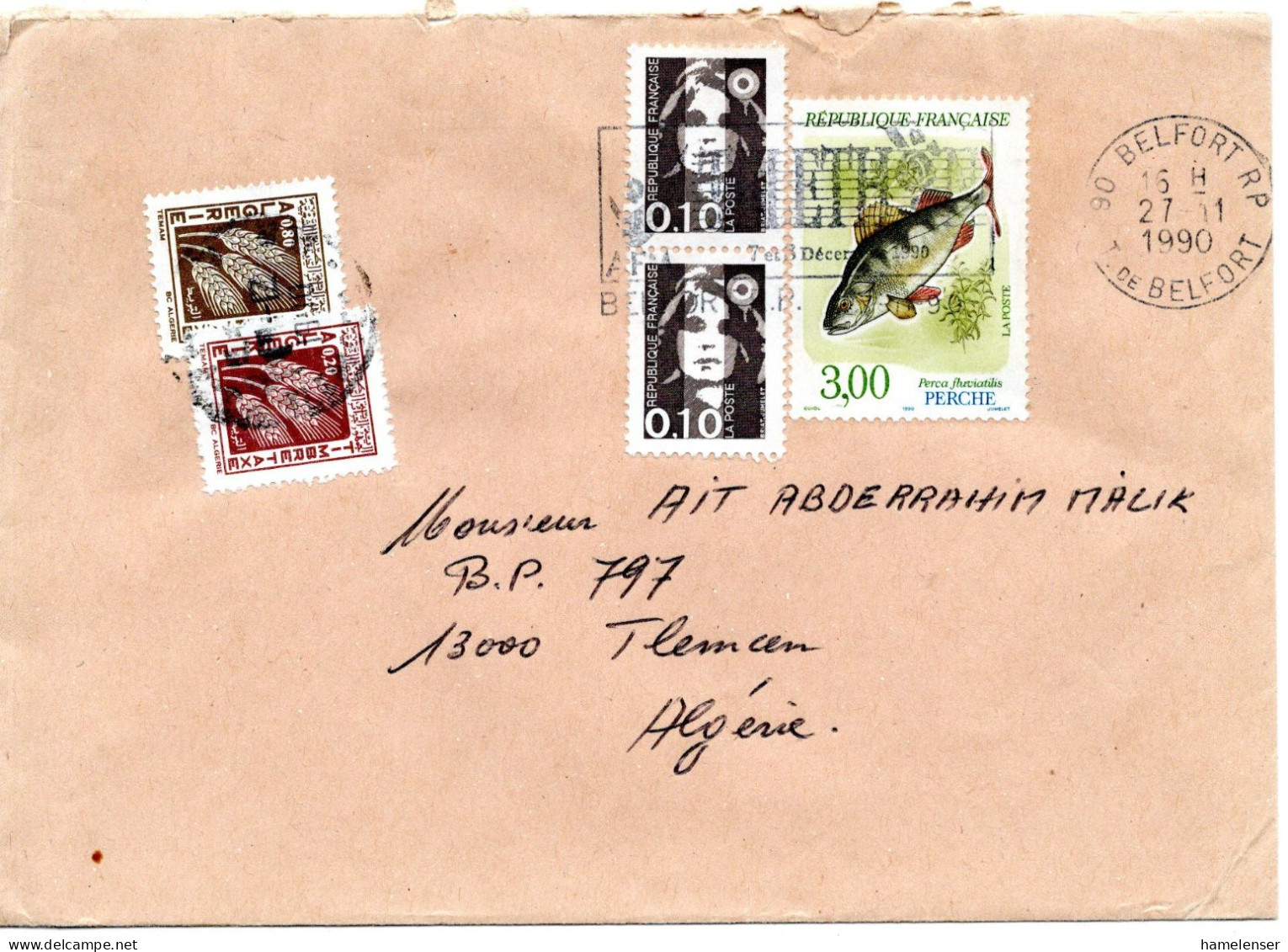 75179 - Frankreich - 1990 - 3,00F Barsch MiF A LpBf BELFORT - ... -> TLEMCEN (Algerien), M 0,80Dh & 0,20Dh Porto - Algerien (1962-...)