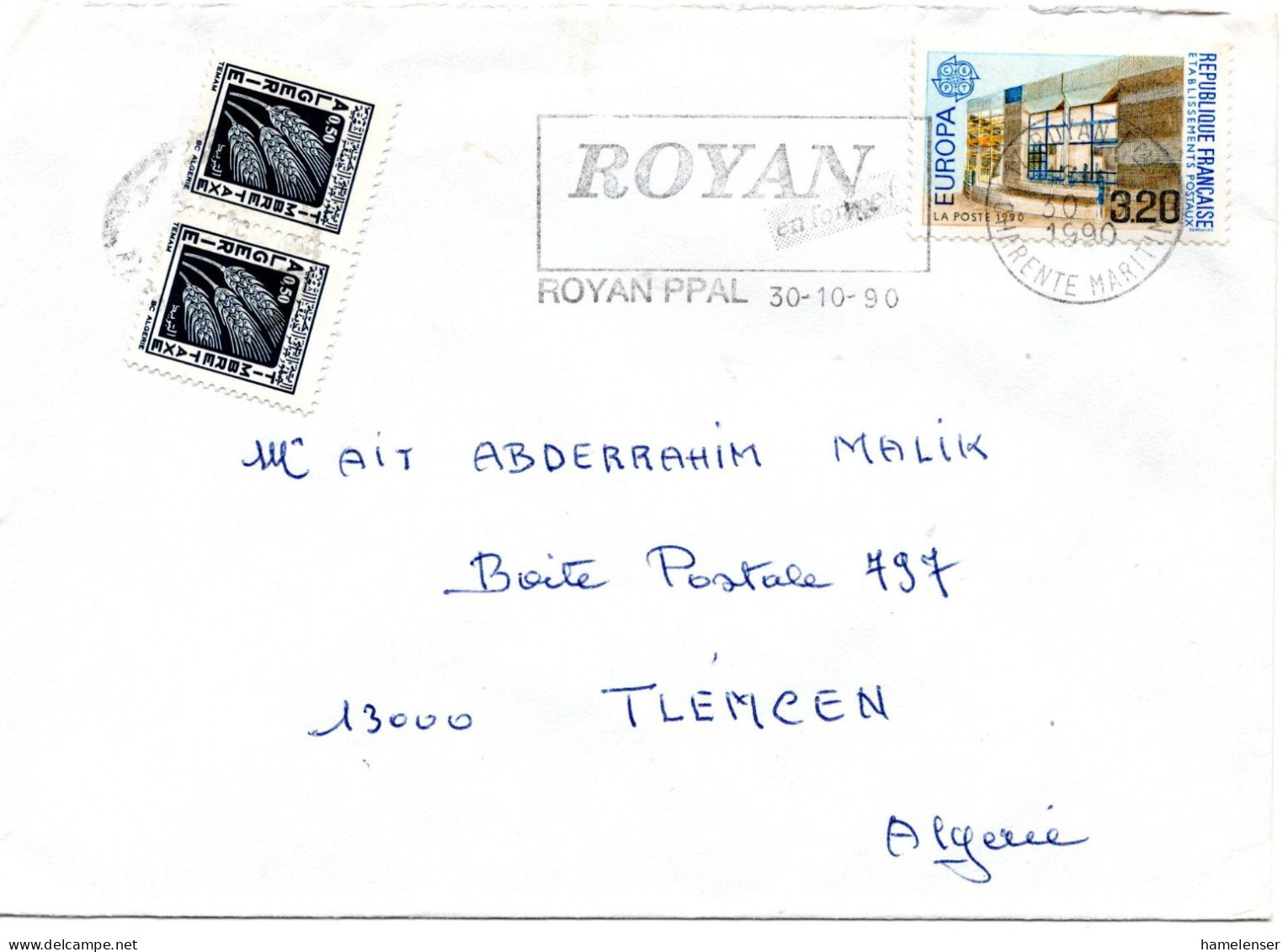 75181 - Frankreich - 1990 - 3,20F CEPT '90 EF A Bf ROYAN -> TLEMCEN (Algerien), M 2@0,50Dh Porto - Argelia (1962-...)