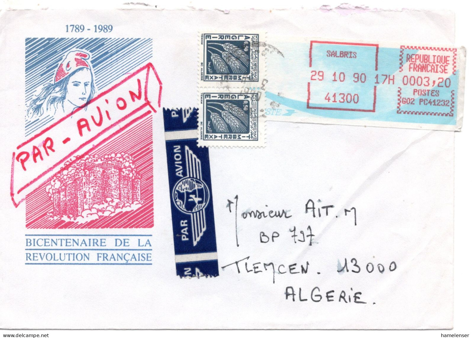 75183 - Frankreich - 1990 - 3,20F Postfreistpl (Mgl) A LpBf SALBRIS -> TLEMCEN (Algerien), M 2@0,50Dh Porto - Algerien (1962-...)