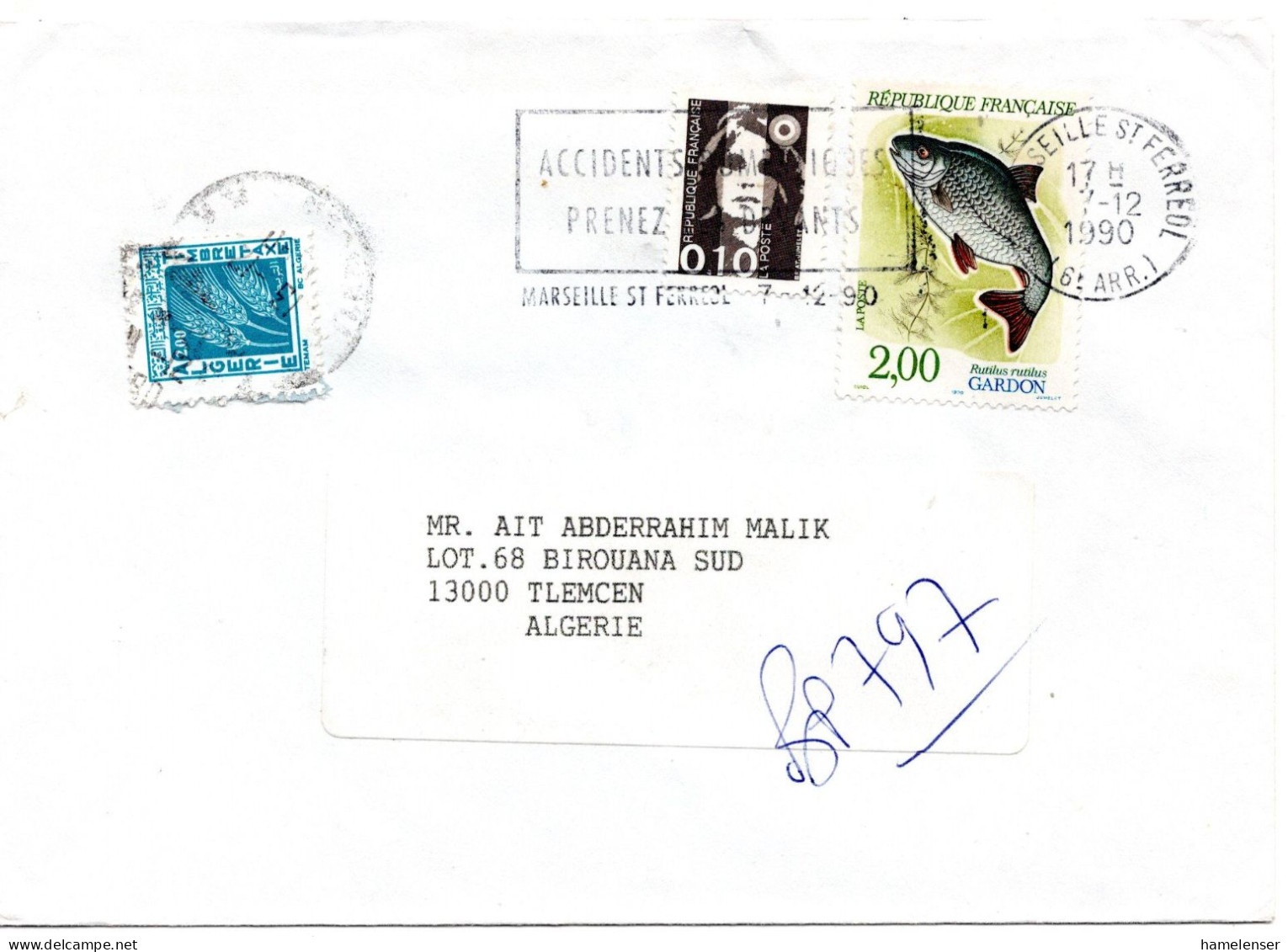 75185 - Frankreich - 1990 - 2,00F Rotauge MiF A Bf MARSEILLE - ... -> TLEMCEN (Algerien), M 2,00Dh Porto - Algeria (1962-...)