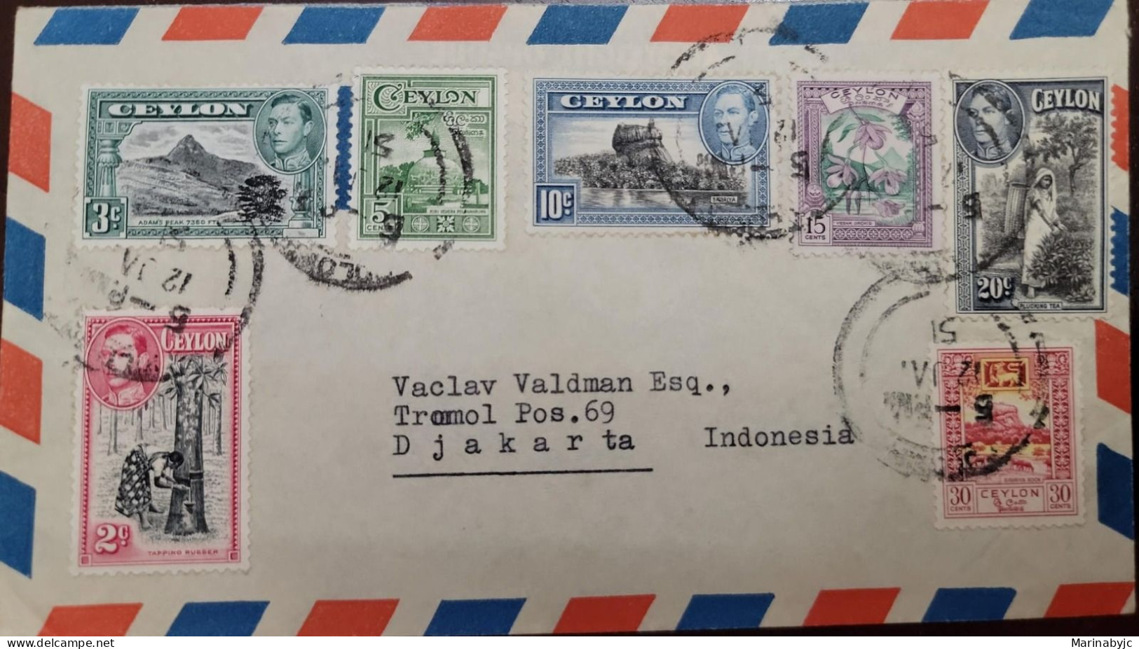 D)1949, CEYLON, CIRCULATED LETTER FROM CEYLON TO INDONESIA, AIR MAIL, WITH CANCELLATION STAMPS ON NATIONAL MOTIVE STAMPS - Sri Lanka (Ceylon) (1948-...)