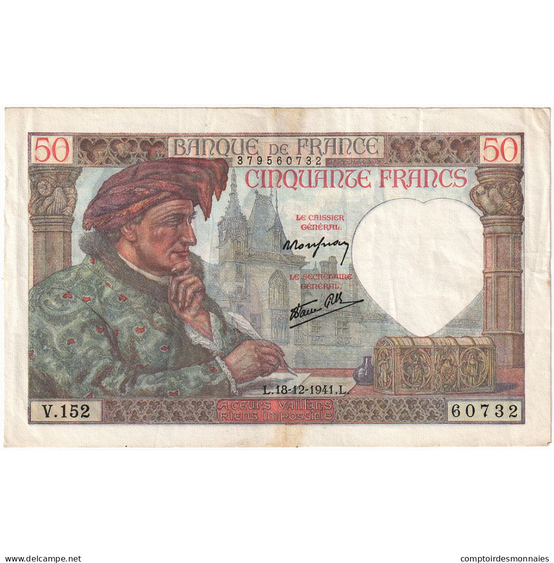 France, 50 Francs, 1941, V.152, TTB+, Fayette:19.17, KM:93 - 50 F 1940-1942 ''Jacques Coeur''