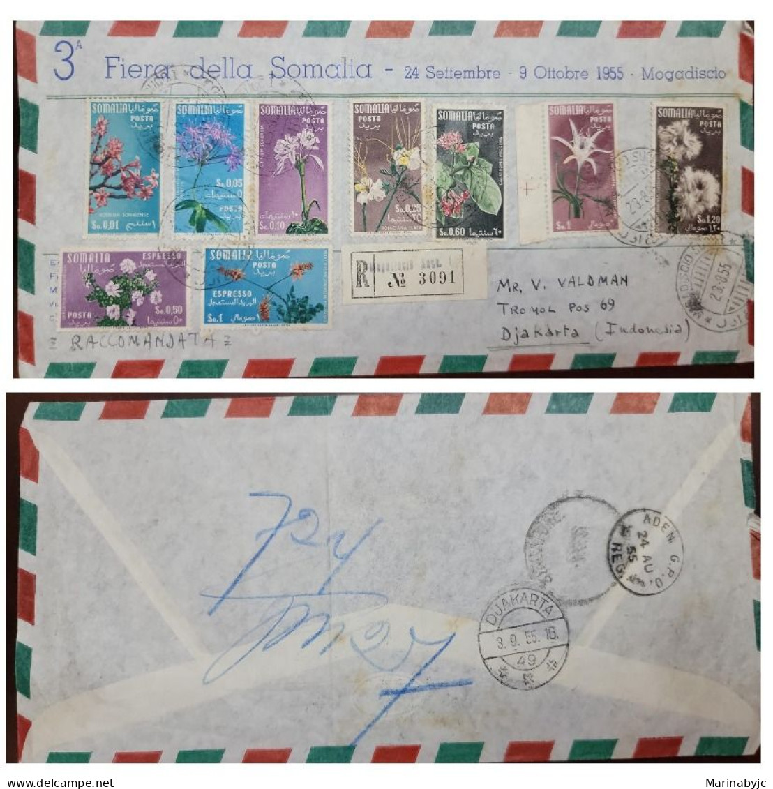 D)1955, SOMALIA, LETTER CIRCULATED FROM SOMALIA TO INDONESIA, FLORA VARIETY AIR MAIL, CERTIFIED MAIL, XF - Somalia (1960-...)