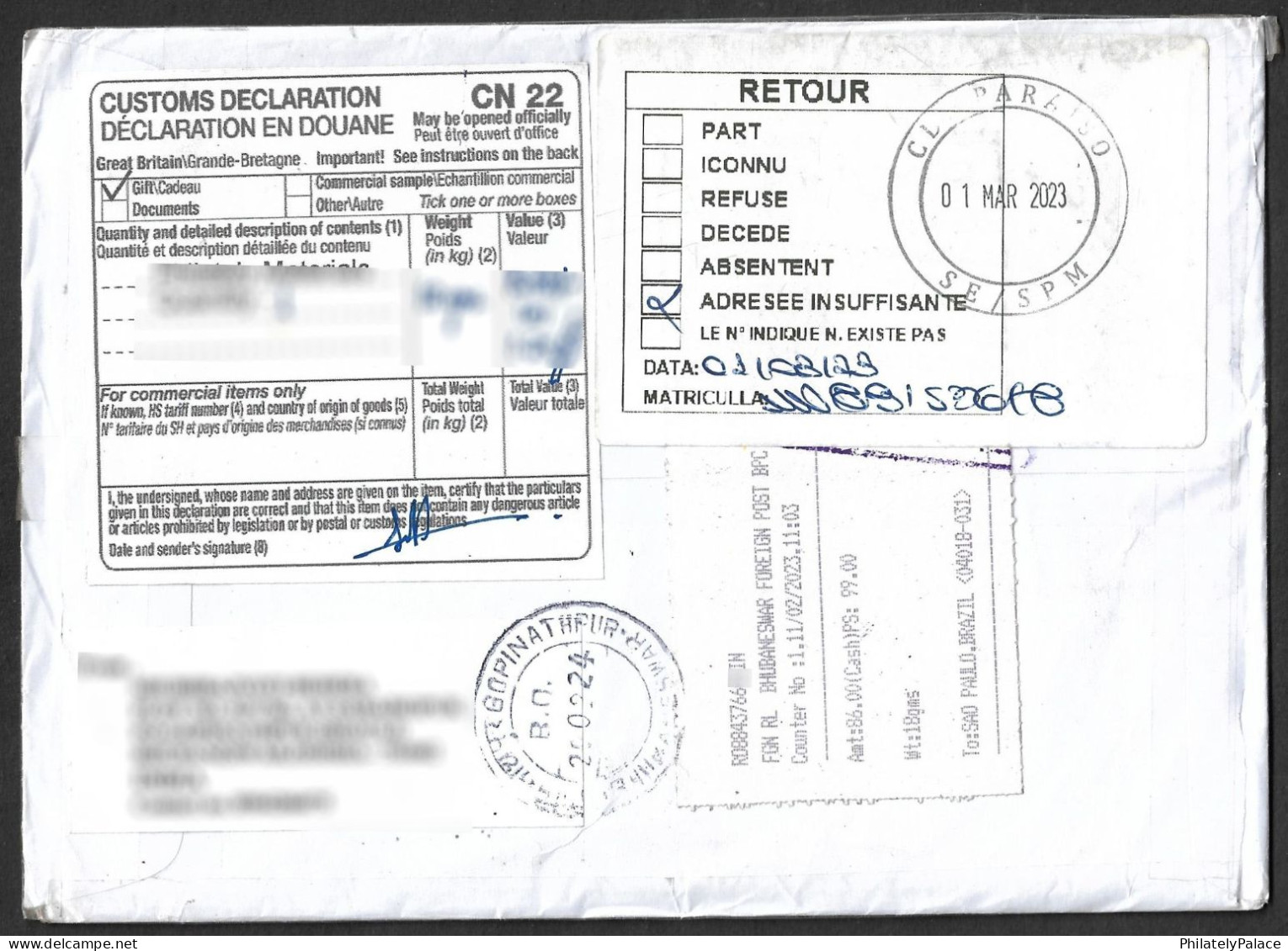 2023-2024 India - Brazil- India, Insufficent Address, National Flag,Fort,Returned Registered Cover (**) Inde Indien - Briefe U. Dokumente