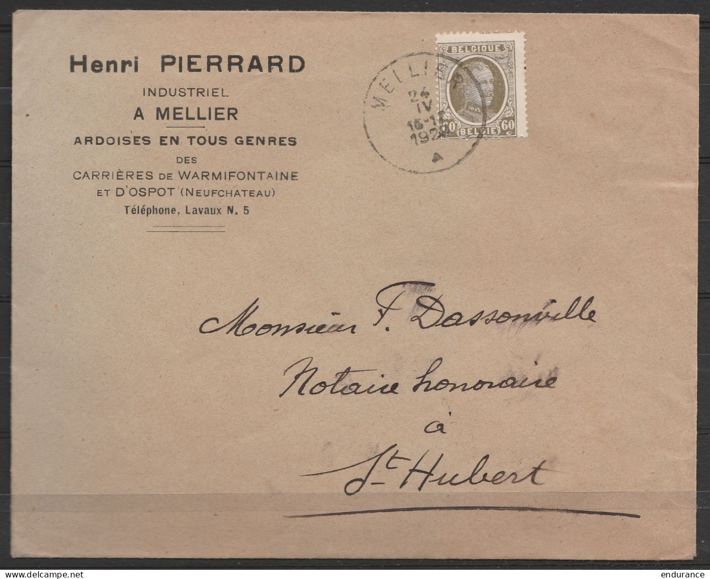L.entête Carrières De Warmifontaine Et D'Ospot( Neufchâteau) Affr. N°255 (variété Signature Décalée) Càd MELLIER/1927 Po - 1922-1927 Houyoux
