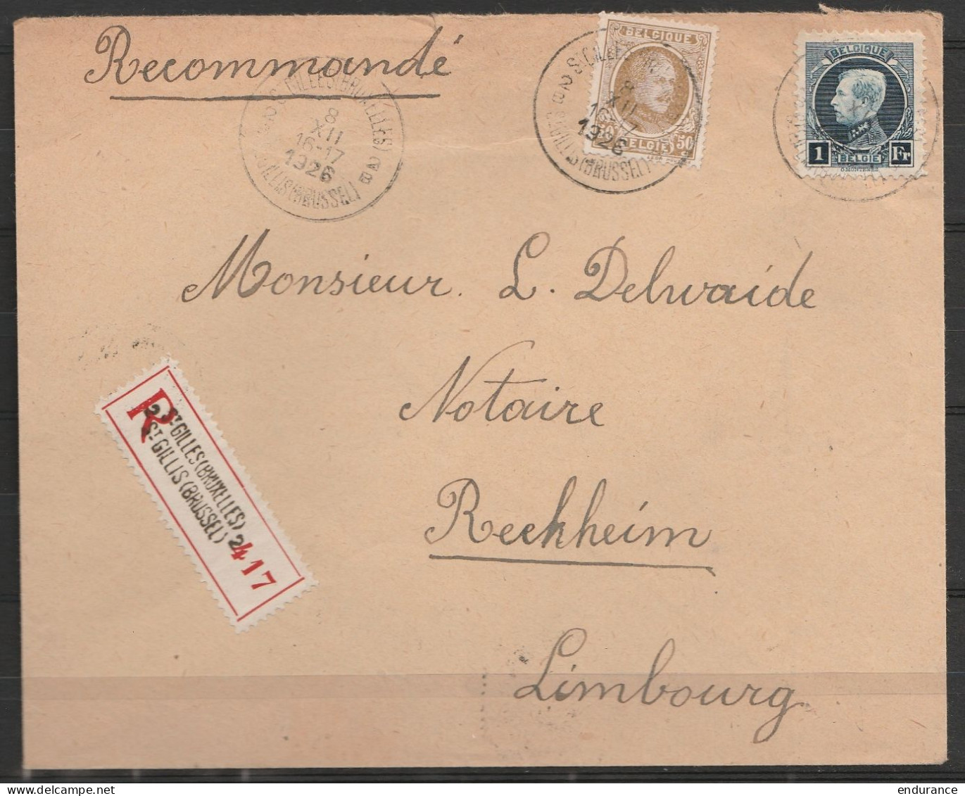 L. Recom. Affr. N°203+215 Càd "ST-GILLES(BRUXELLES)/1926/ST-GILLIS(BRUSSEL)" Pour Notaire à RECKHEIM - 1921-1925 Petit Montenez