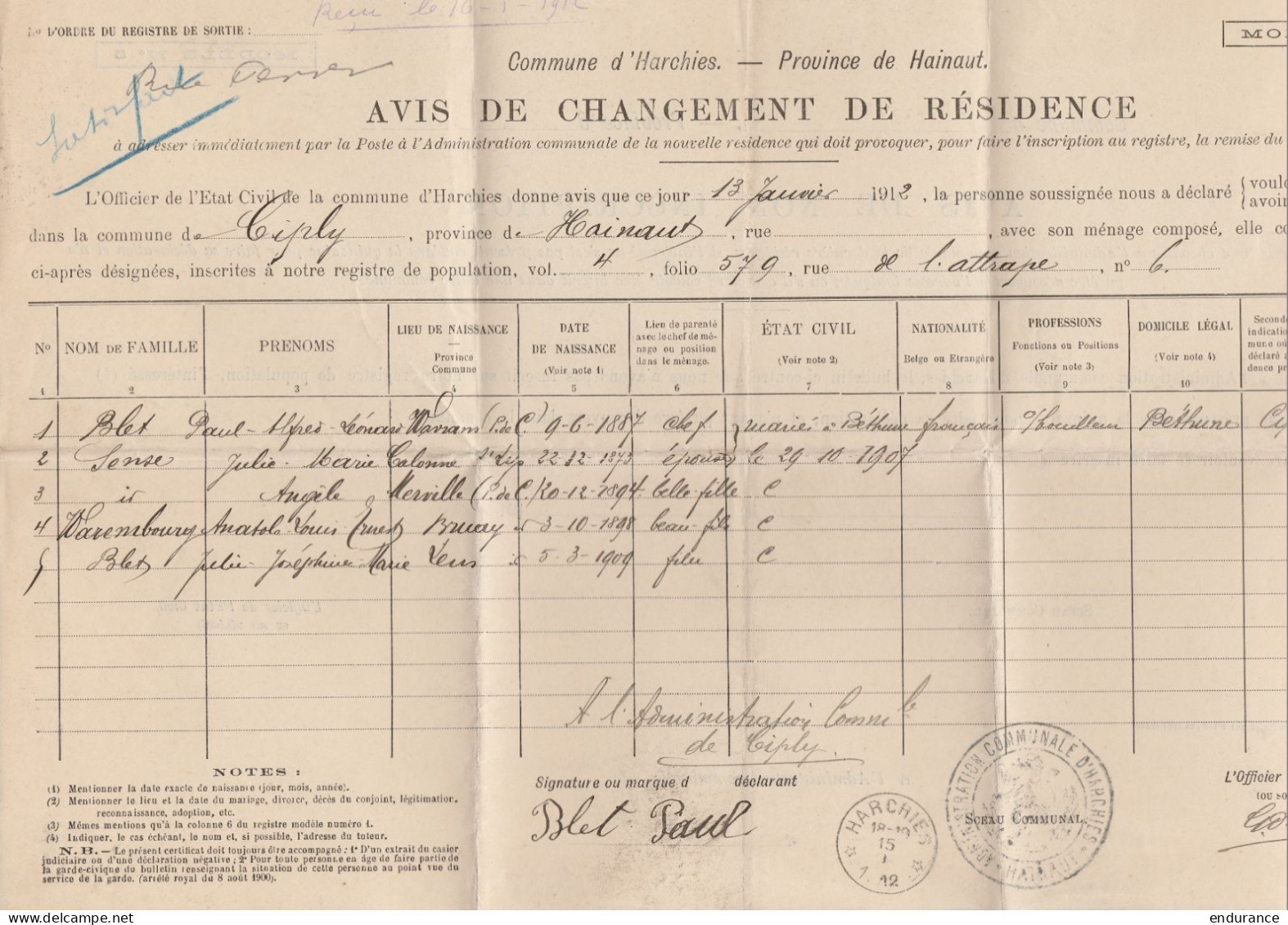 Avis De Changement D'adresse - Commune Et Càd "*HARCHIES*/1912" Pour Résident à CIPLY - Sterstempels