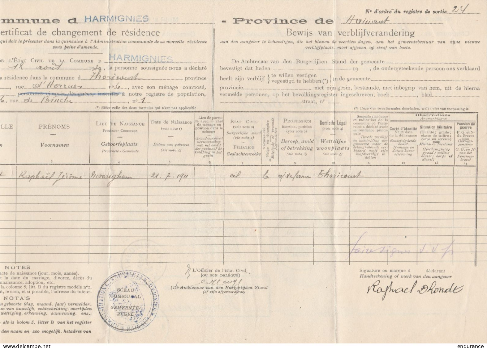 Certificat D'inscription - Commune Et Càd "*THORICOURT*/1930" + Càd "WASMES/1930" -- Certificat De Changement D'adresse  - Sterstempels