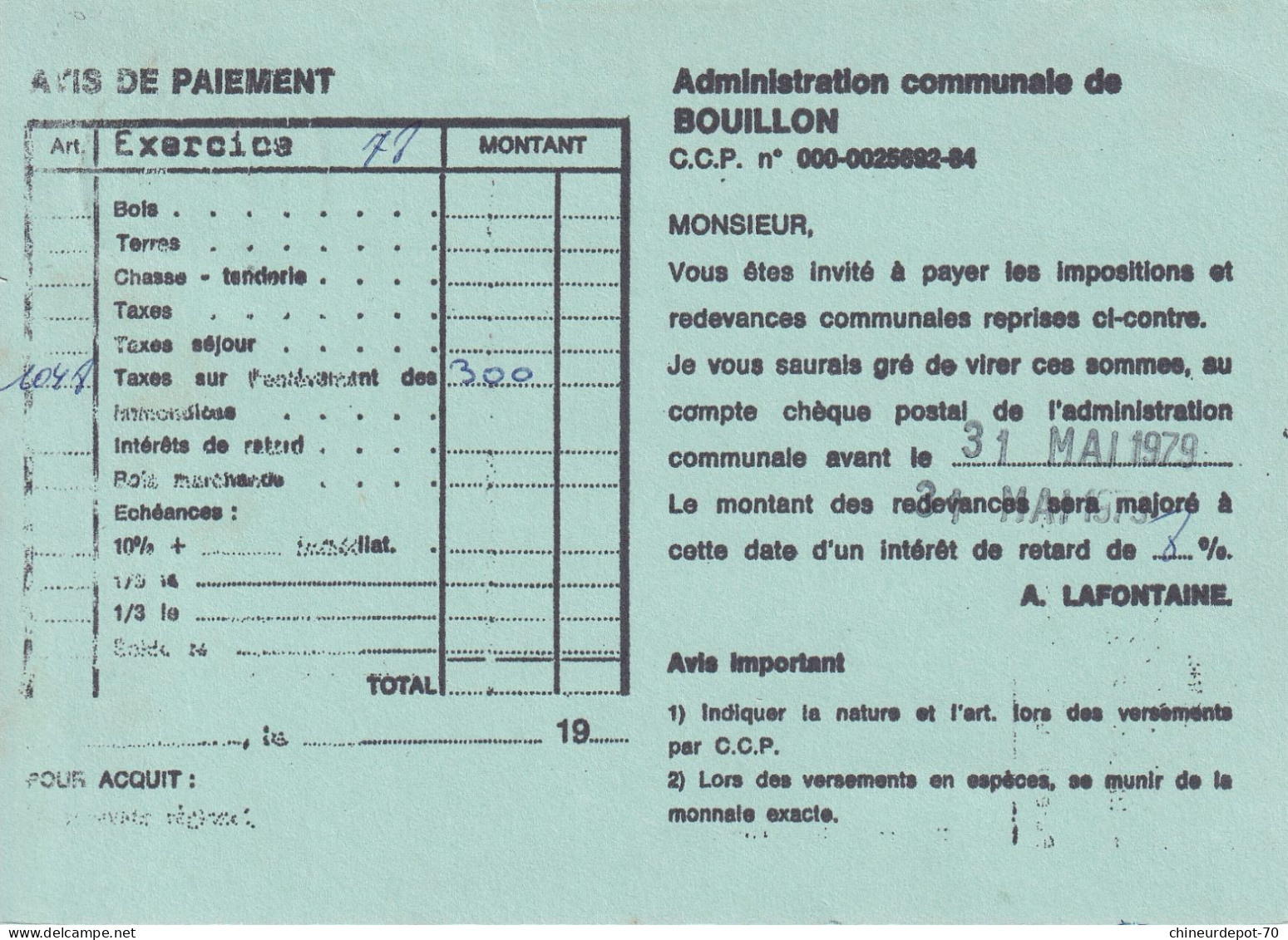 1979 CARTE DE SERVICE RECETTE COMMUNALE BOUILLON CHIFFRE LION BELLEVAUX BOUILLON - Briefe U. Dokumente