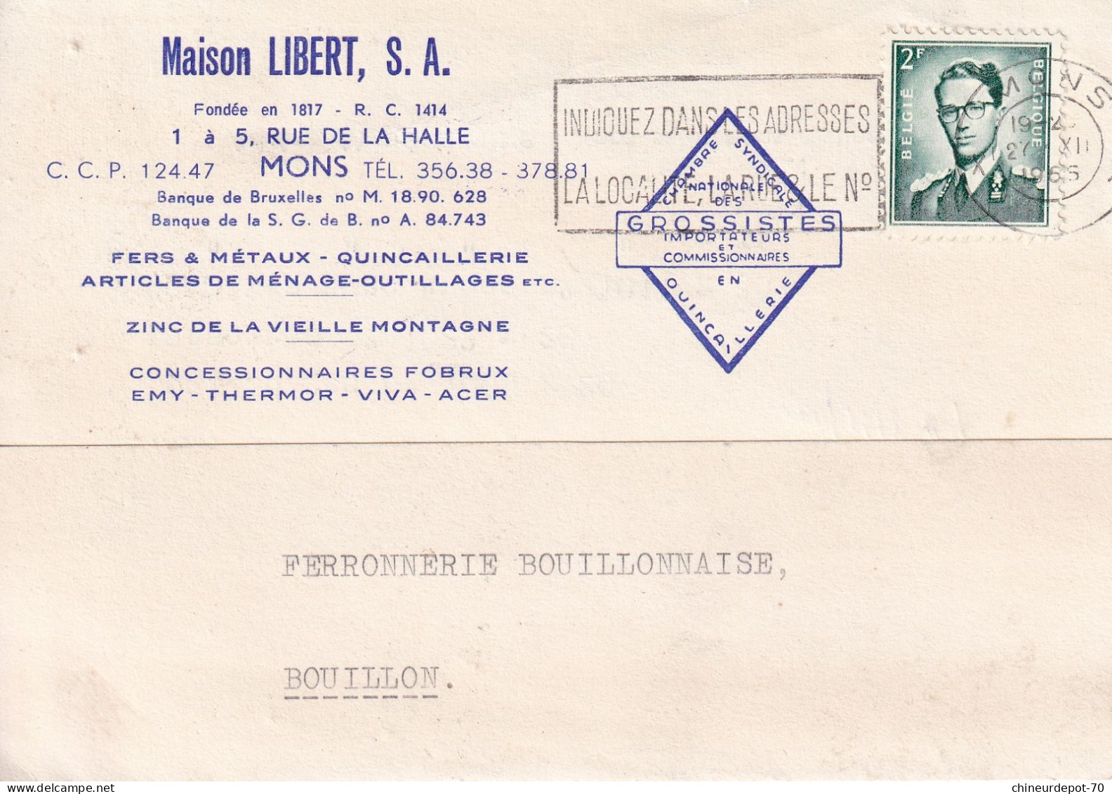 1966 MAISON LIBERT MONS FERS & METAUX FERRONNERIE BOUILLON - Briefe U. Dokumente