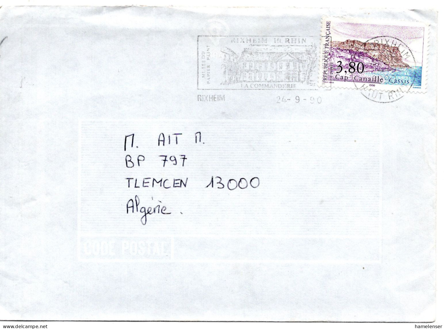 75191 - Bund - 1990 - 3,80F Cap Canaille EF A  Bf RIXHEIM -> Algerien - Covers & Documents