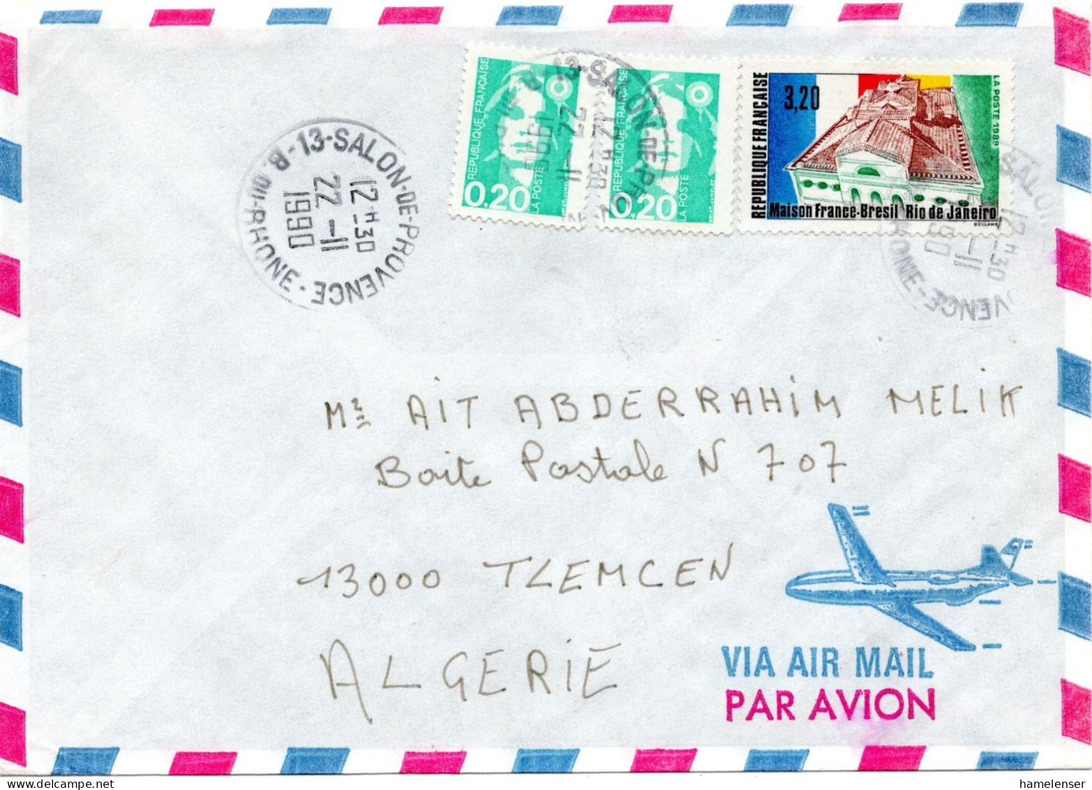 75193 - Frankreich - 1990 - 3,20F Brasilien MiF A LpBf SALON DE PROVENCE -> Algerien - Briefe U. Dokumente