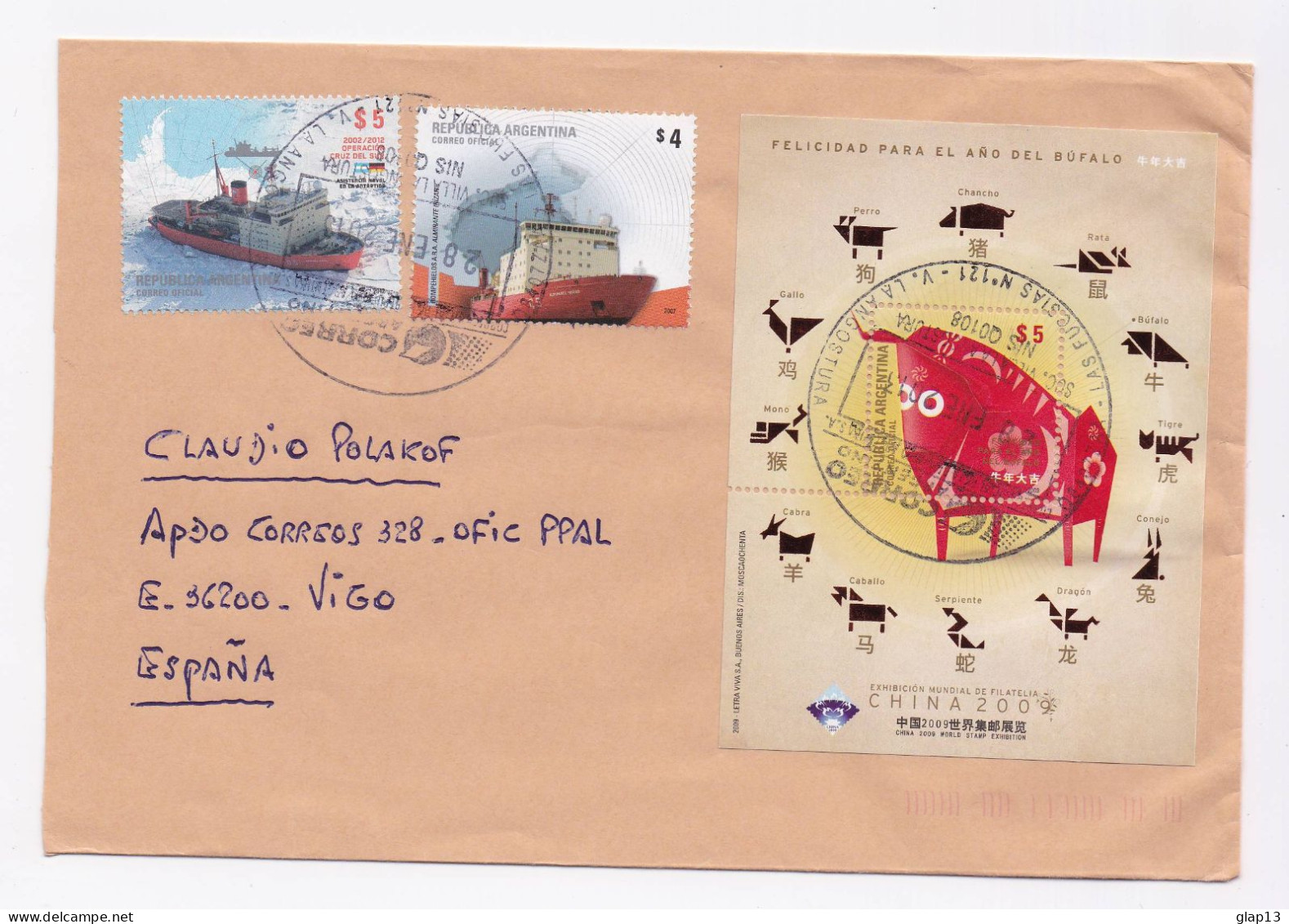 ENVELOPPE DE VILLA LA AUGOSTURA POUR VIGO DU 28//2013 ANNEE DU BOEUF + BATEAUX - Cartas & Documentos