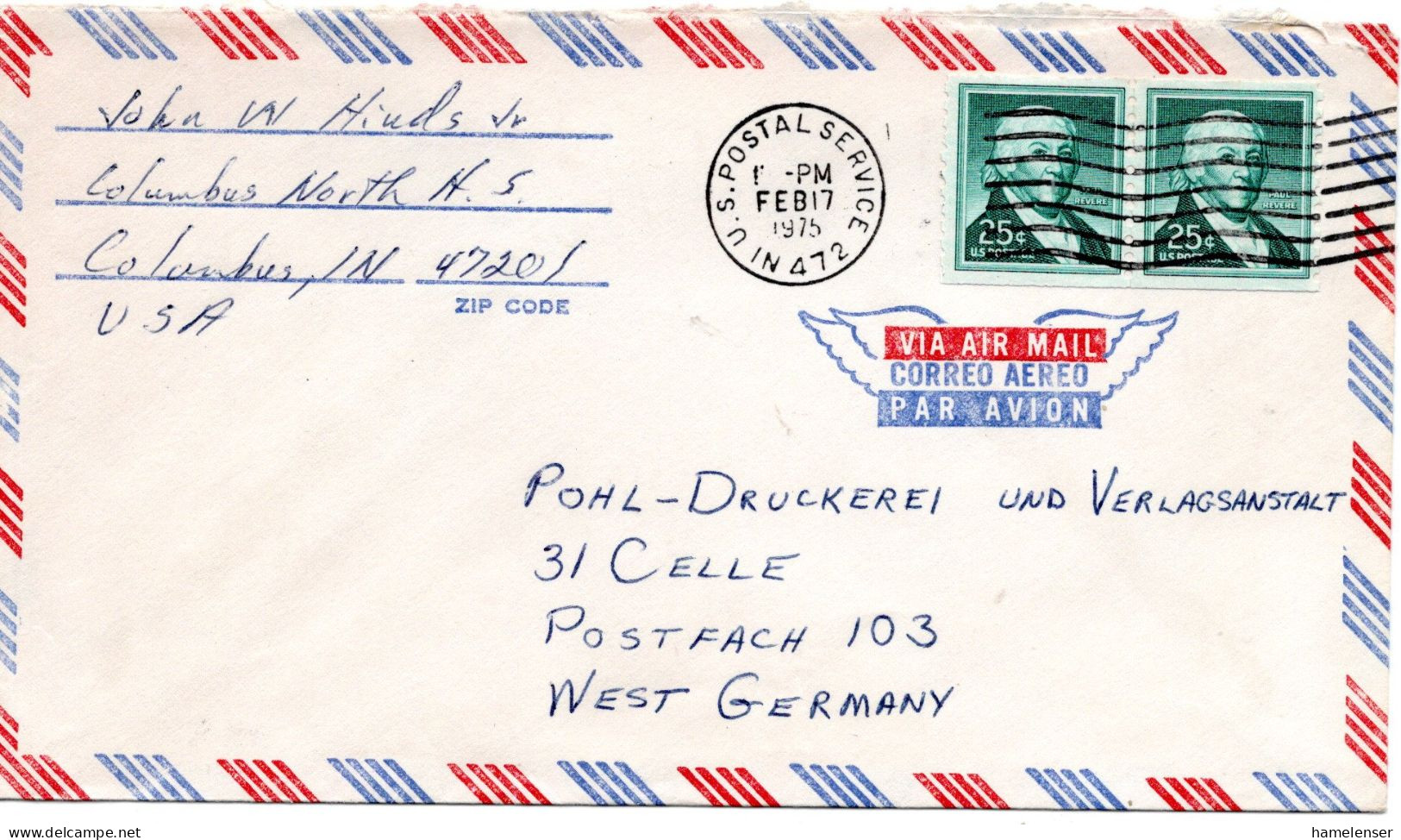 75199 - USA - 1975 - 2@25¢ Revere (Rolle) A LpBf U.S.POSTAL SERVICE IN 472 -> Westdeutschland - Lettres & Documents