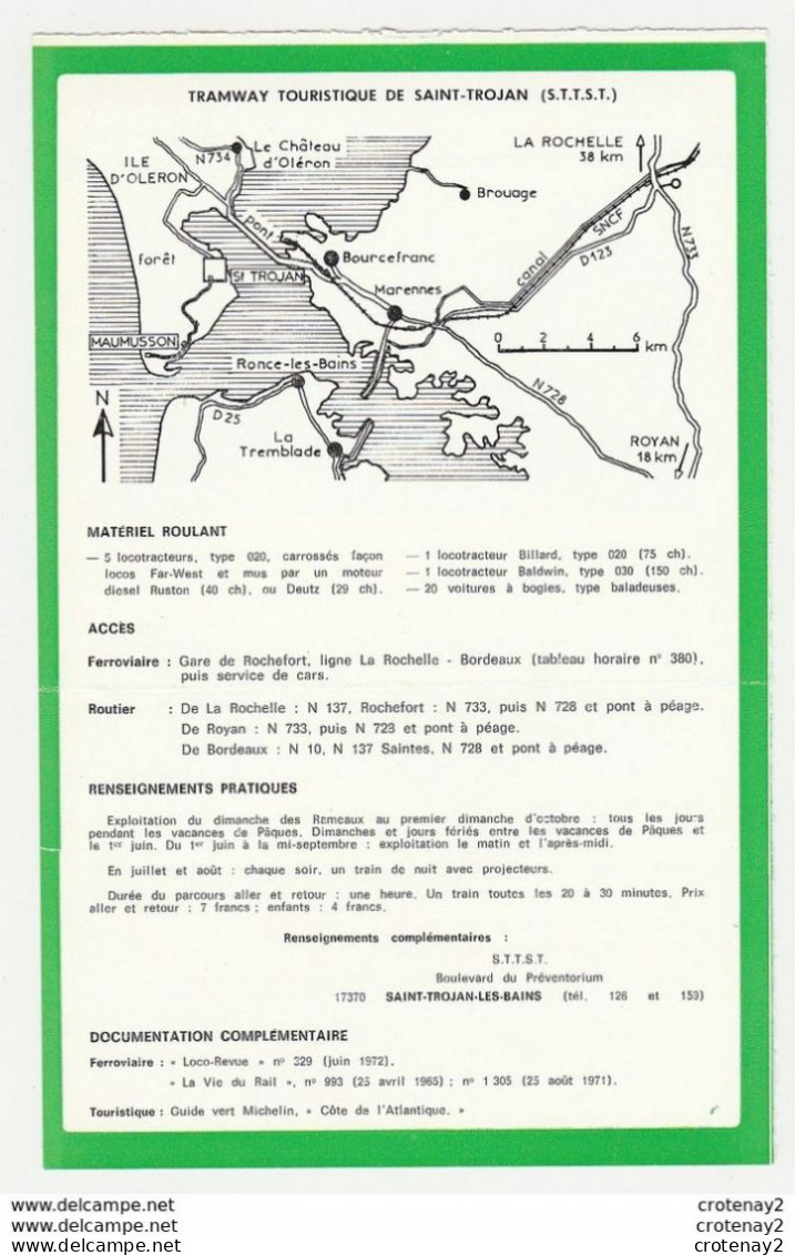 Train Tramway Tram 17 Ile D'Oléron Tramway Touristique De St Trojan STTST Voie étroite Fiche Descriptive & Plan Au Dos - Europe