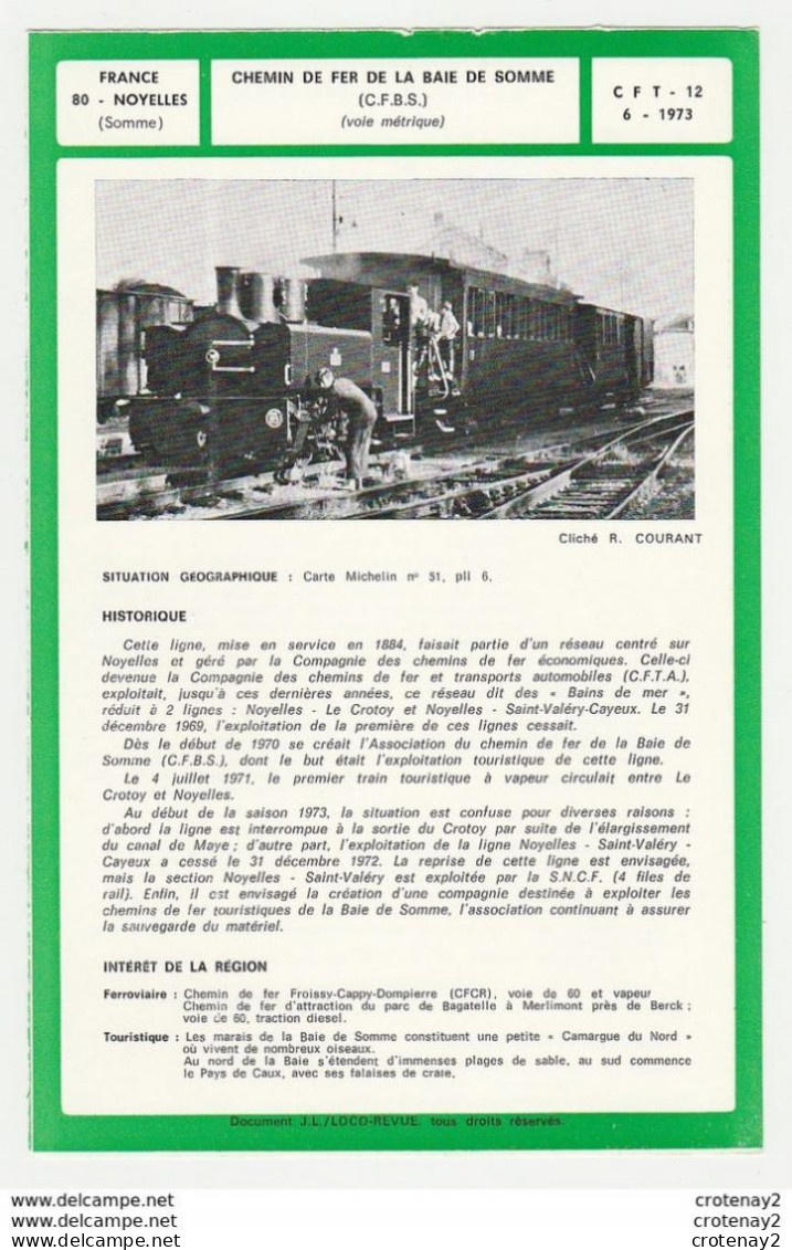 Train Tramway Tram 80 Noyelles Chemin De Fer De La Baie De Somme CFBS Voie Métrique Fiche Descriptive & Plan Au Dos - Europa