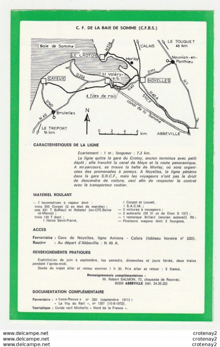 Train Tramway Tram 80 Noyelles Chemin De Fer De La Baie De Somme CFBS Voie Métrique Fiche Descriptive & Plan Au Dos - Europe