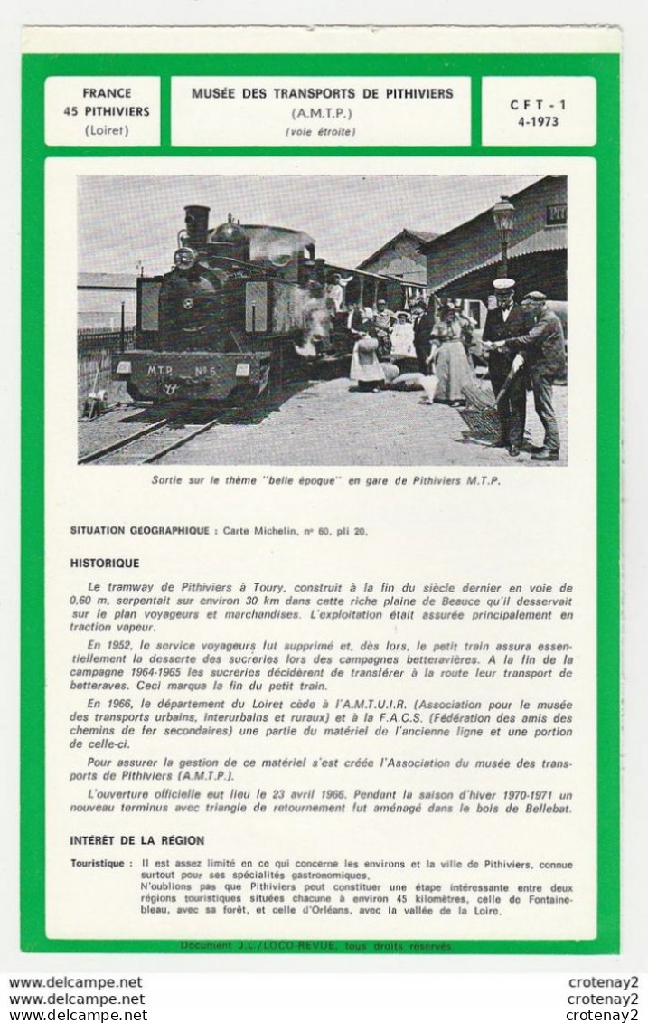 Train Tramway Tram 45 PITHIVIERS Musée Des Transports AMTP Pithiviers Toury Voie étroite Fiche Descriptive & Plan Au Dos - Europe