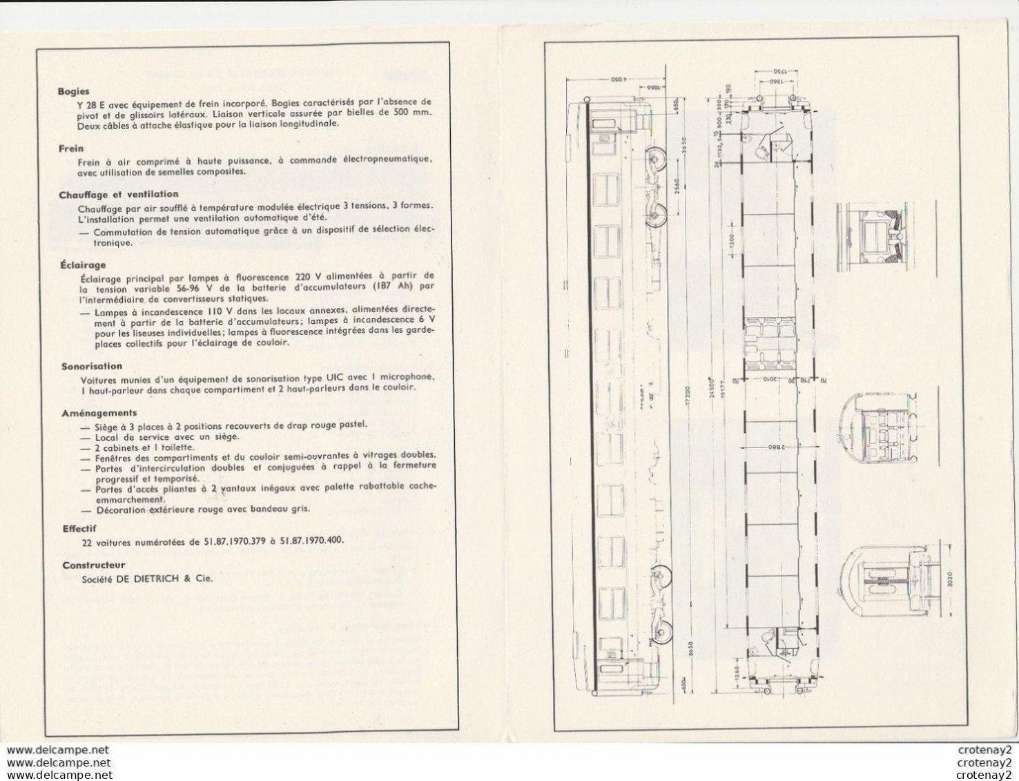 Train SNCF Fiche Descriptive Wagon Voiture Express 1ère Classe Série A9 De Dietrich De 1967 Plan Photos Au Dos - Material Y Accesorios