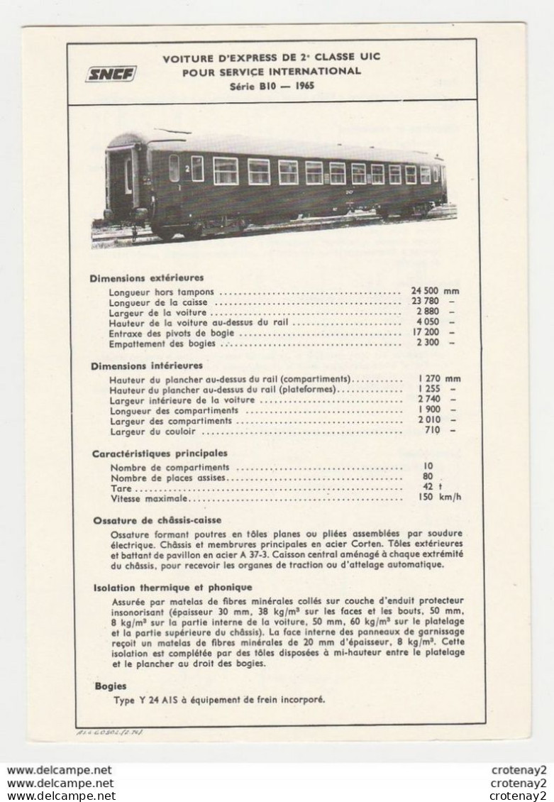 Train SNCF Fiche Descriptive Wagon Voiture Express 2ème Classe Série B10 De Dietrich De 1965 Plan Photos Au Dos - Supplies And Equipment