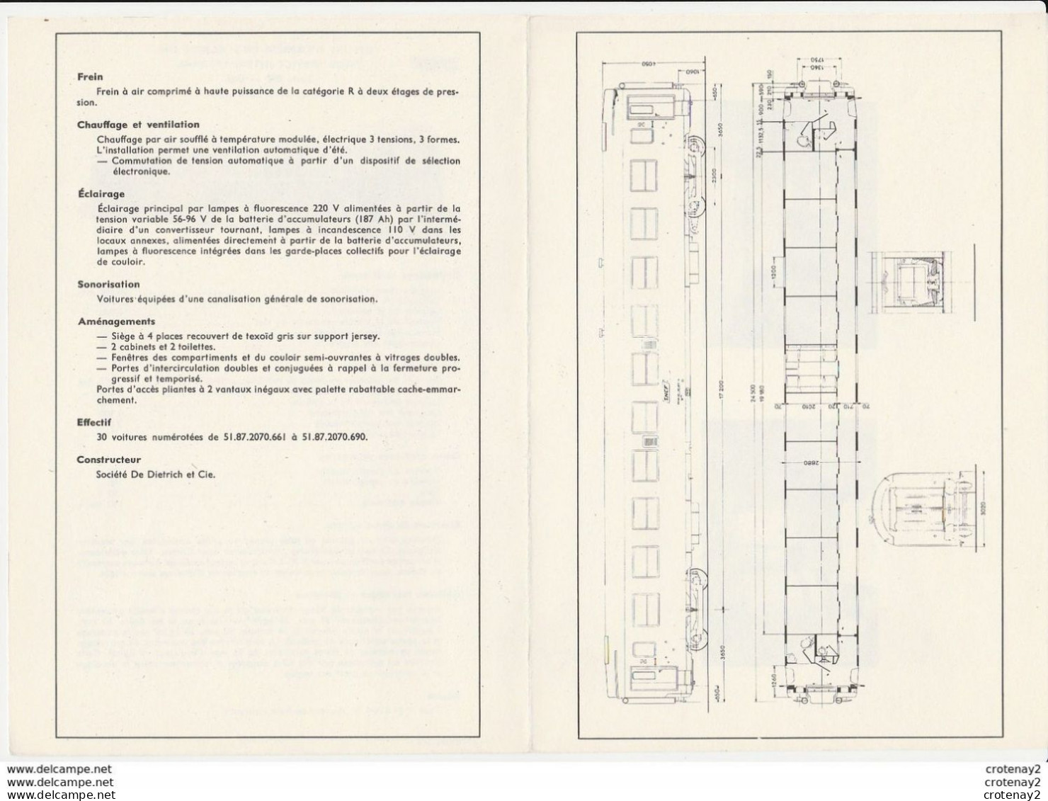 Train SNCF Fiche Descriptive Wagon Voiture Express 2ème Classe Série B10 De Dietrich De 1965 Plan Photos Au Dos - Material Und Zubehör