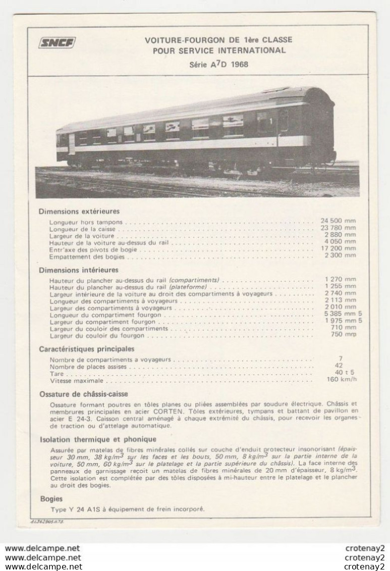 Train SNCF Fiche Descriptive Wagon Voiture Fourgon 1ère Classe Série A7D De 1968 De Dietrich Plan Photos Au Dos - Material Und Zubehör