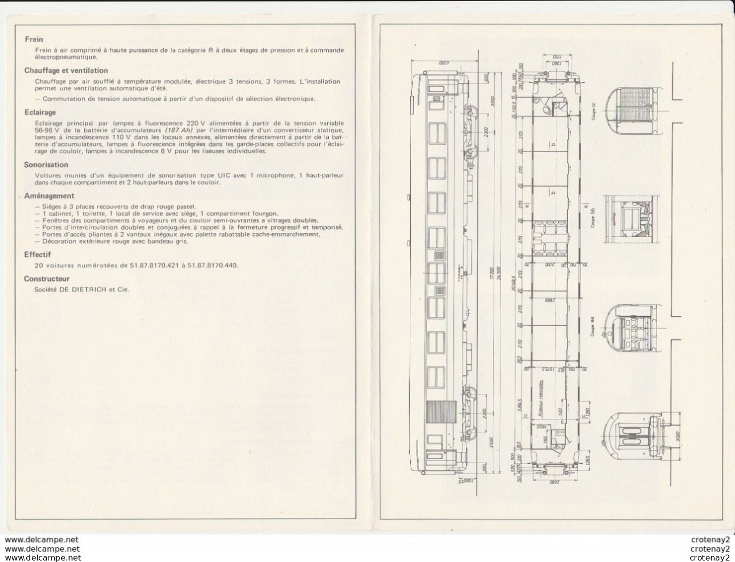 Train SNCF Fiche Descriptive Wagon Voiture Fourgon 1ère Classe Série A7D De 1968 De Dietrich Plan Photos Au Dos - Material Y Accesorios